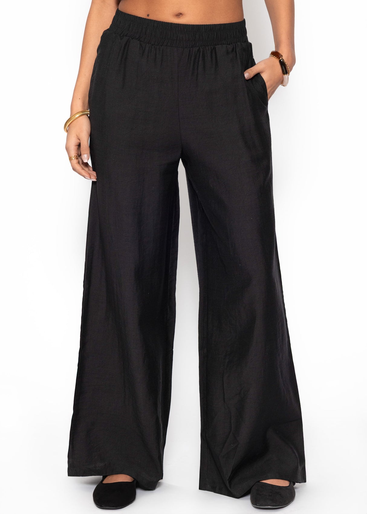 Shiny fabric trousers with a straight leg - black