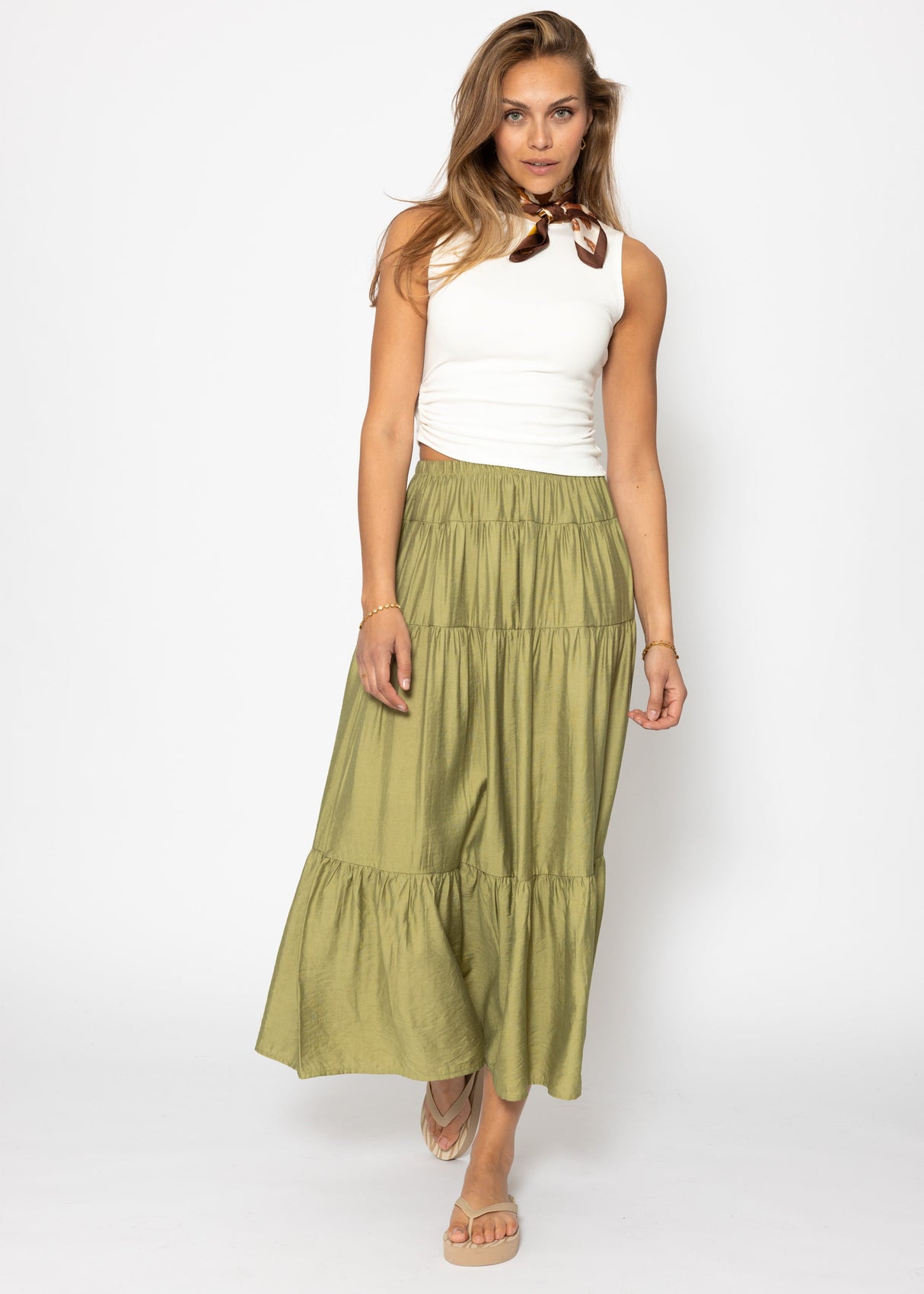 Glänzender Maxi Volantrock - khaki