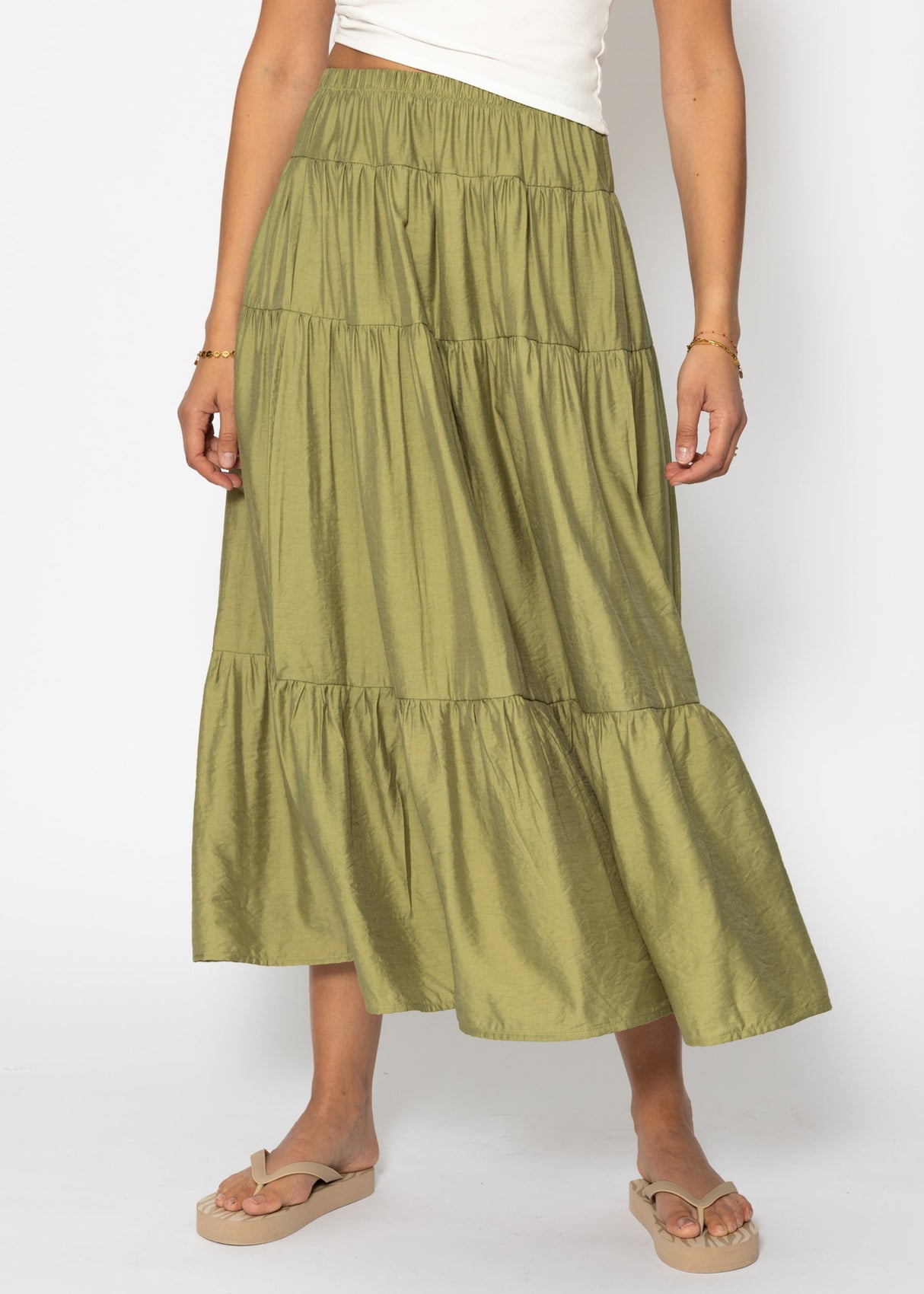 Glänzender Maxi Volantrock - khaki