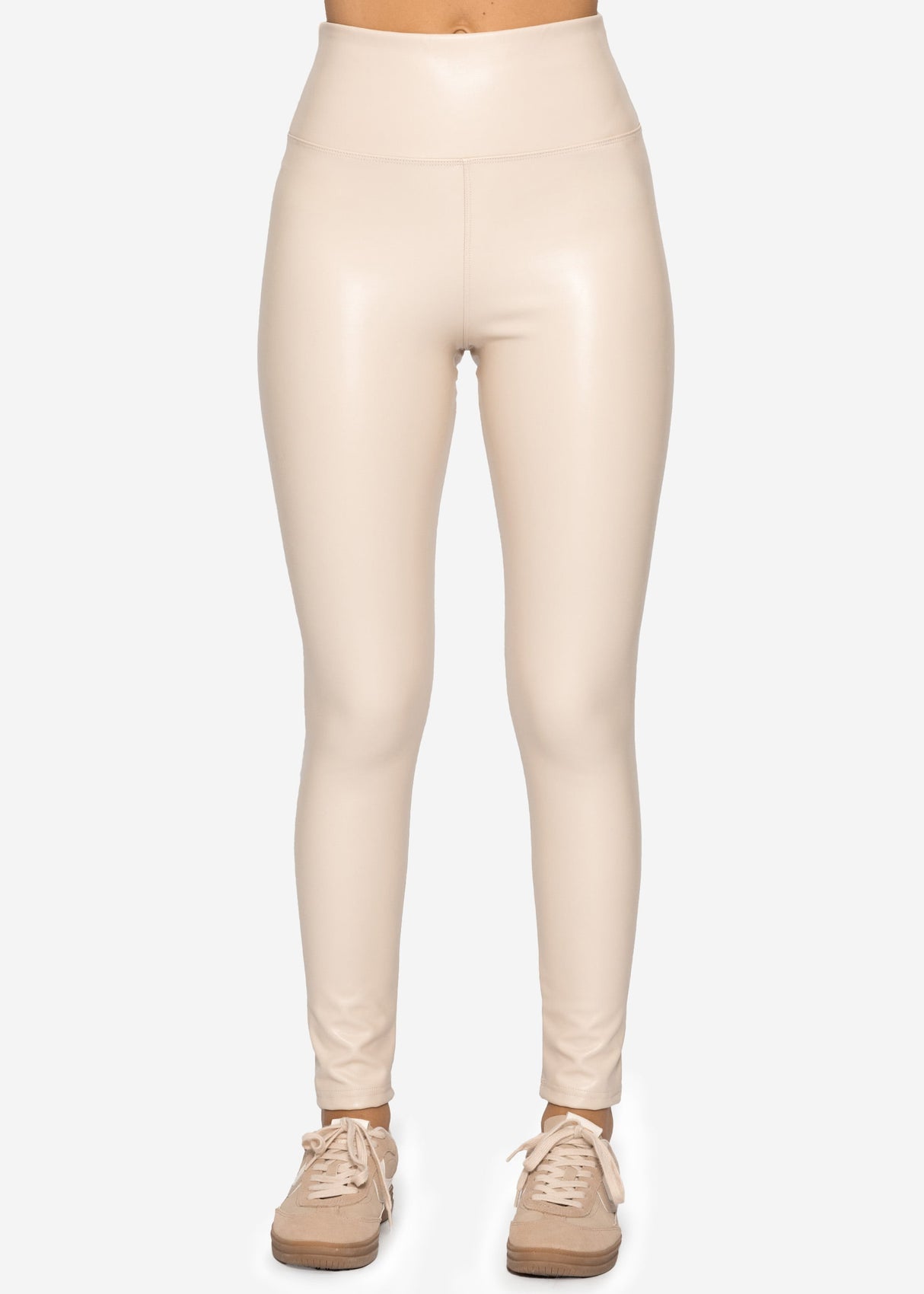 High-Rise Thermo Lederleggings mit breitem Bund - offwhite