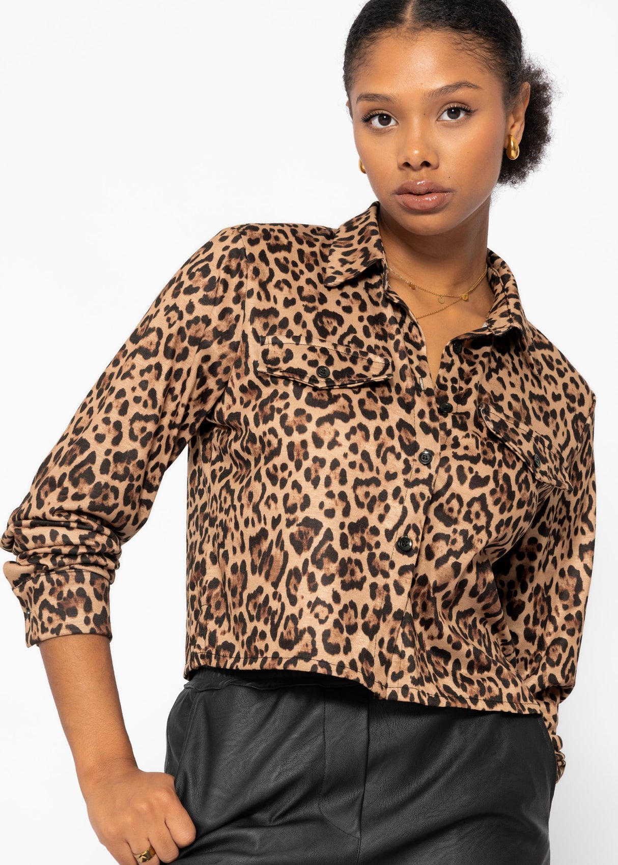 Jersey Bluse mit Leo-Print - braun