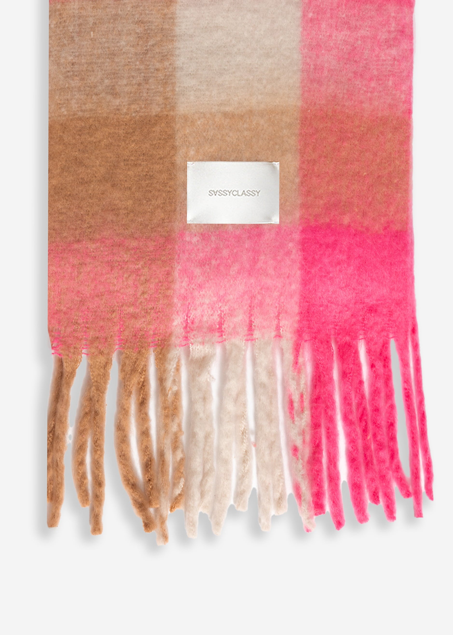 Checkered fluffy scarf with fringe - pink