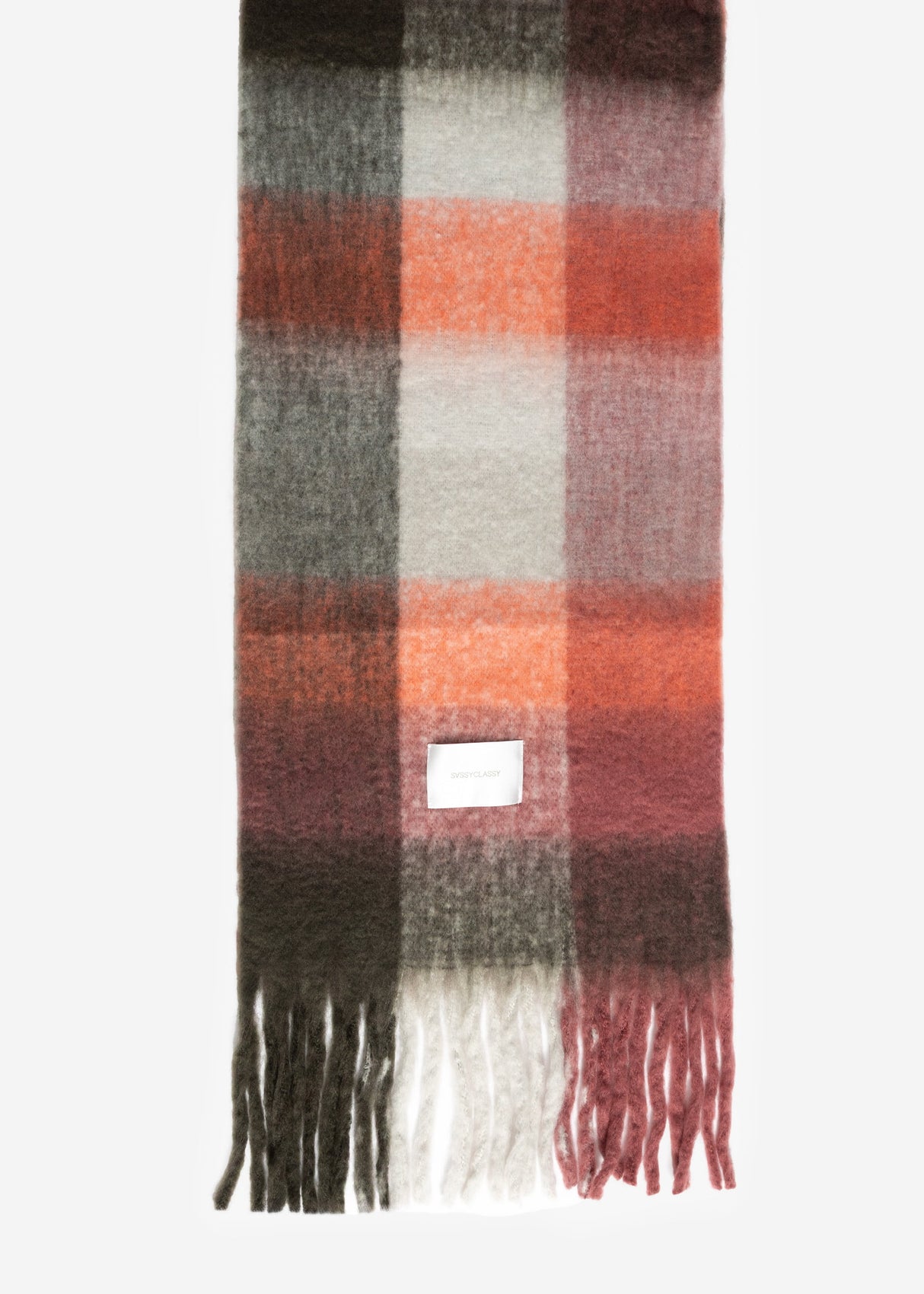 Karierter flauschiger Schal - grau-lachs