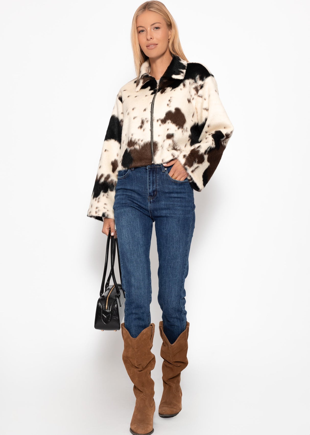 Faux fur jacket with cow print - off-white