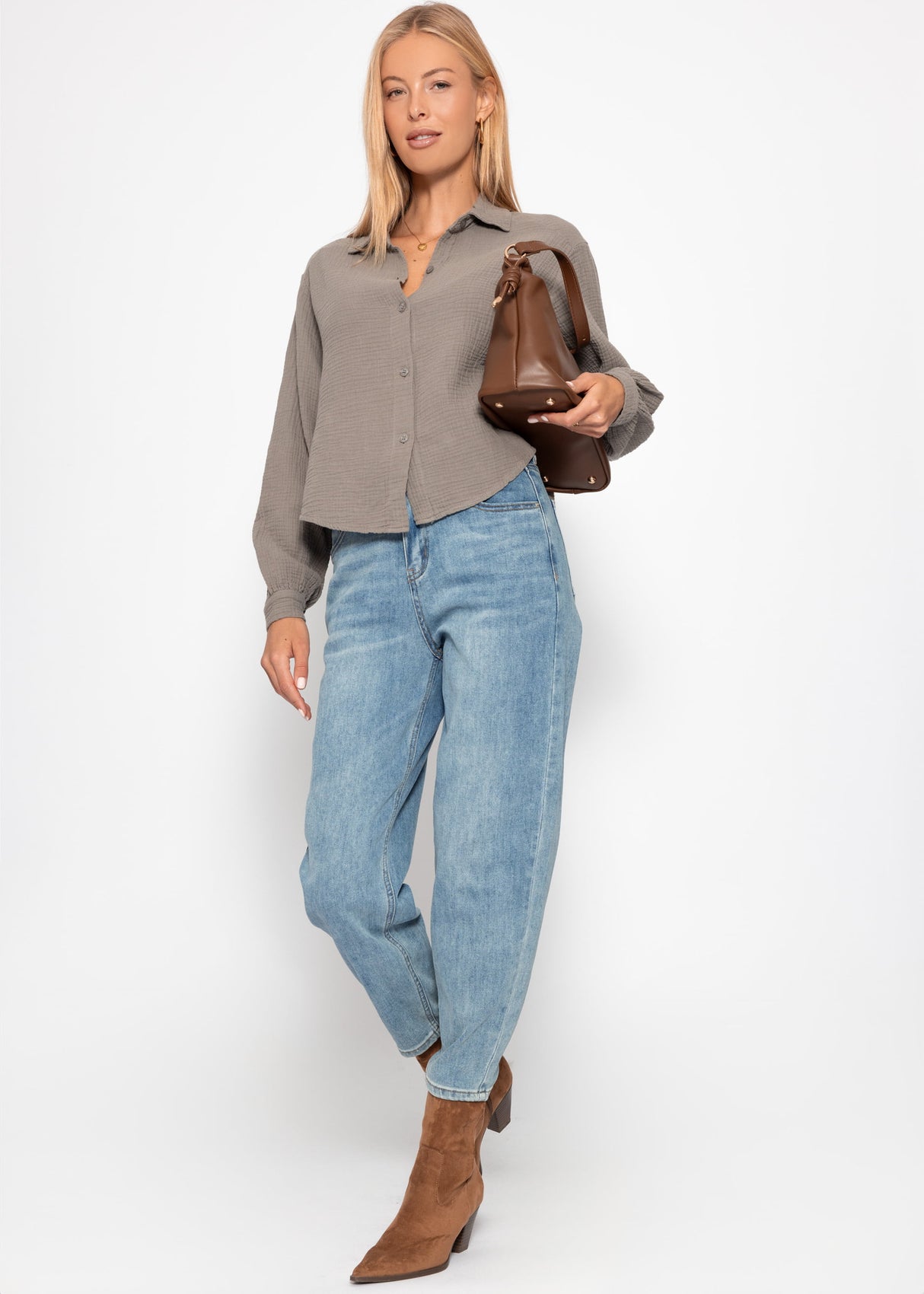 Short oversized muslin blouse - taupe