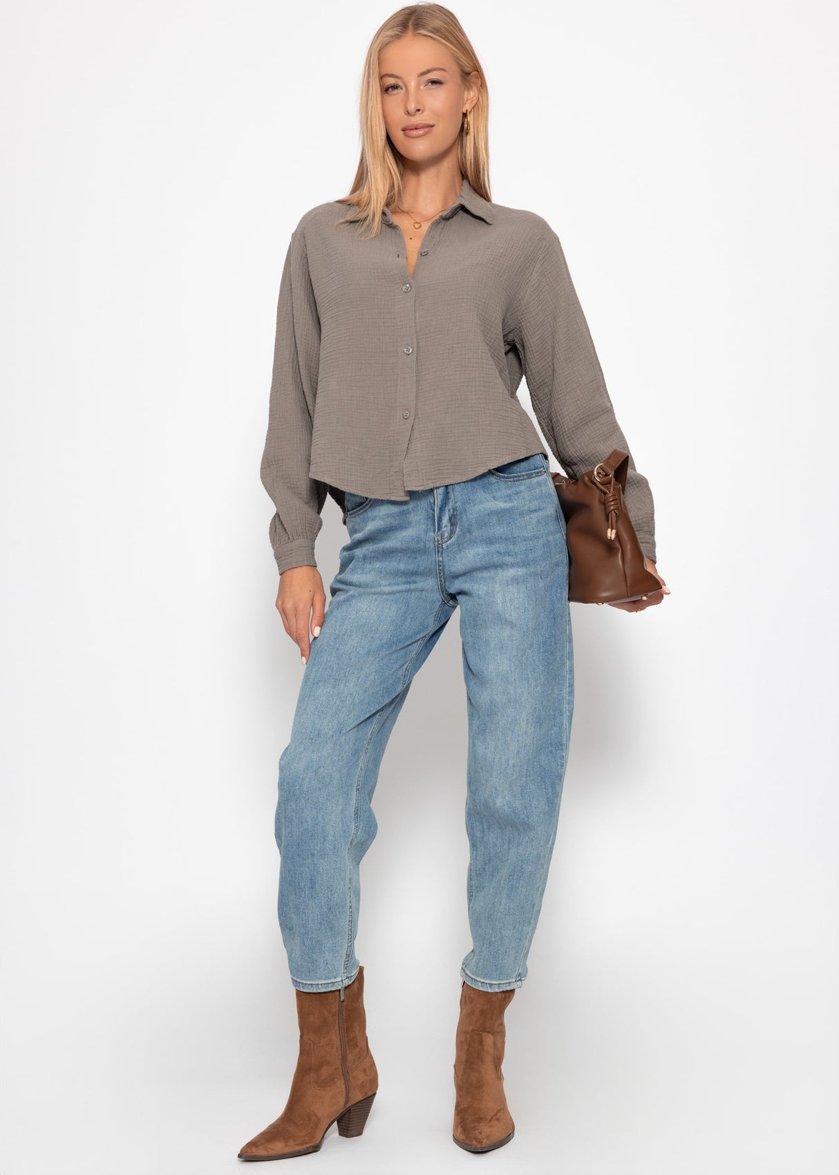 Short oversized muslin blouse - taupe