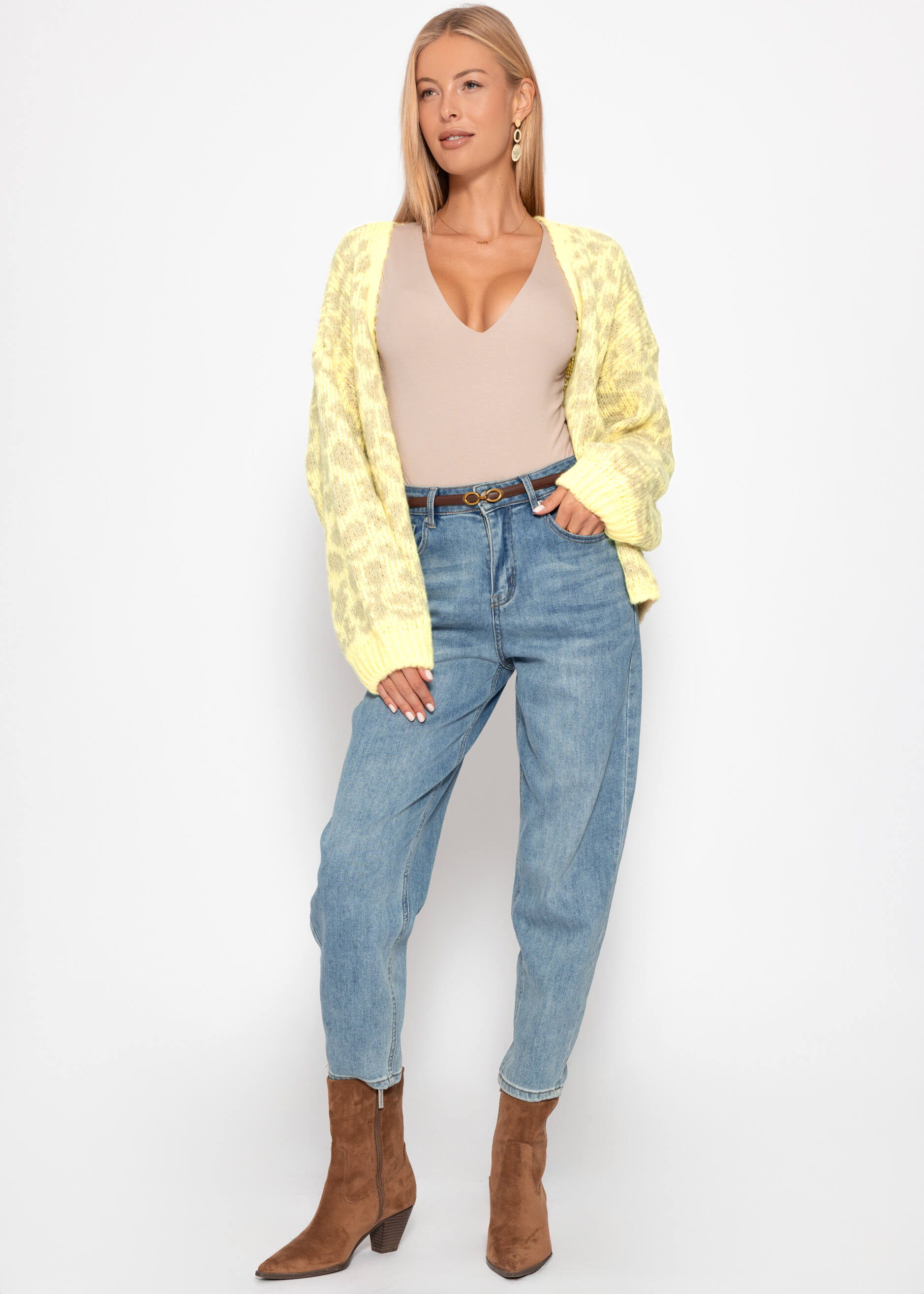 Kurzer Cardigan mit Leo-Print - gelb-beige