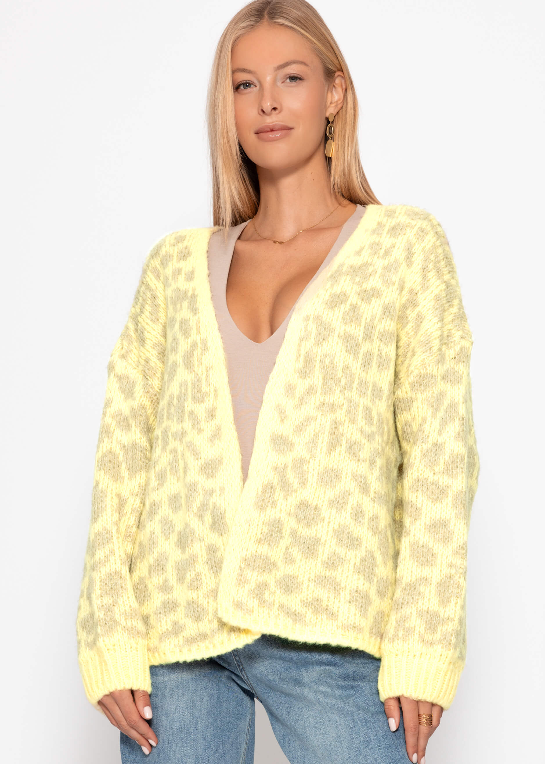 Kurzer Cardigan mit Leo-Print - gelb-beige