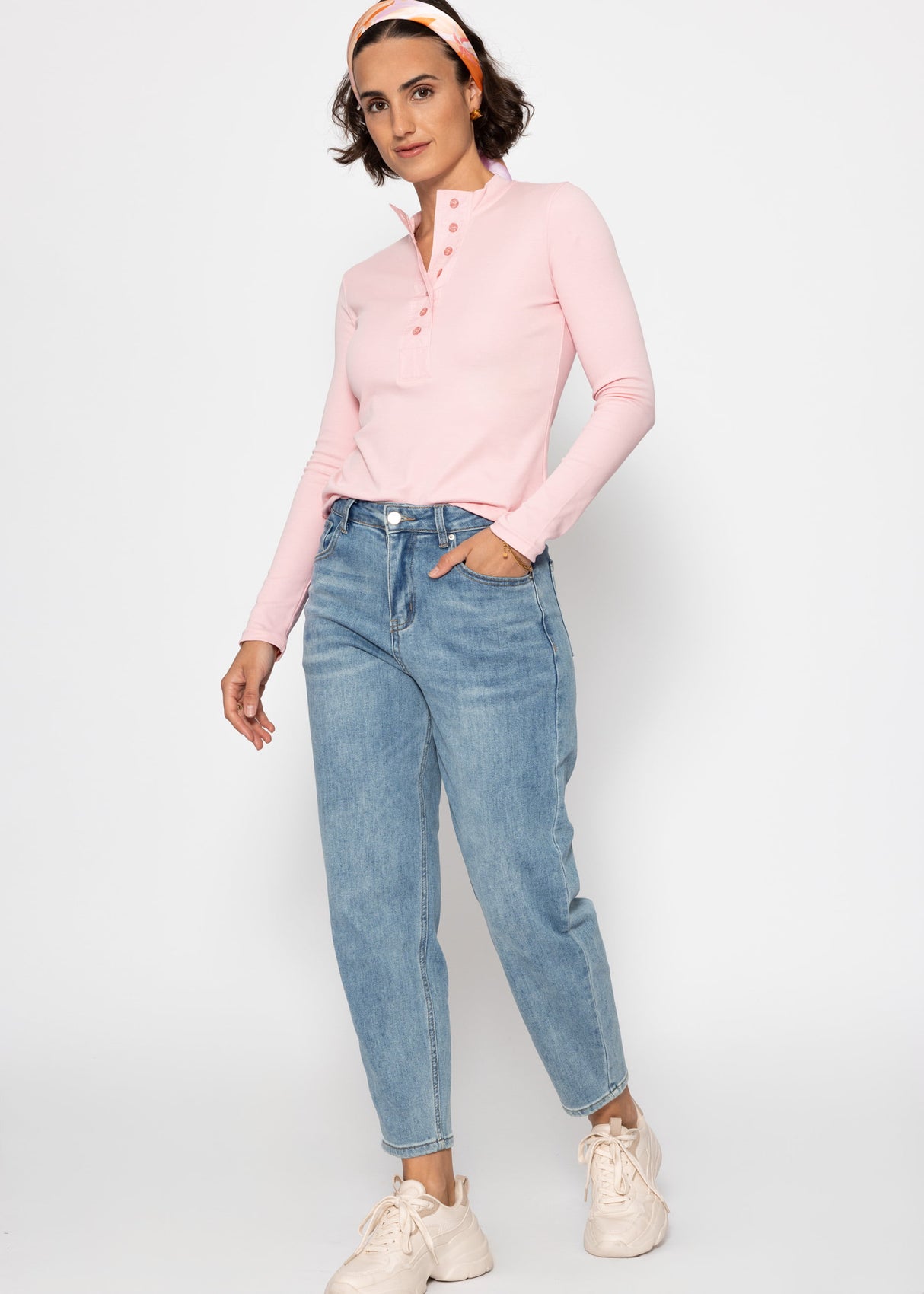 Langarm Shirt mit breiter Knopfleiste - rosa