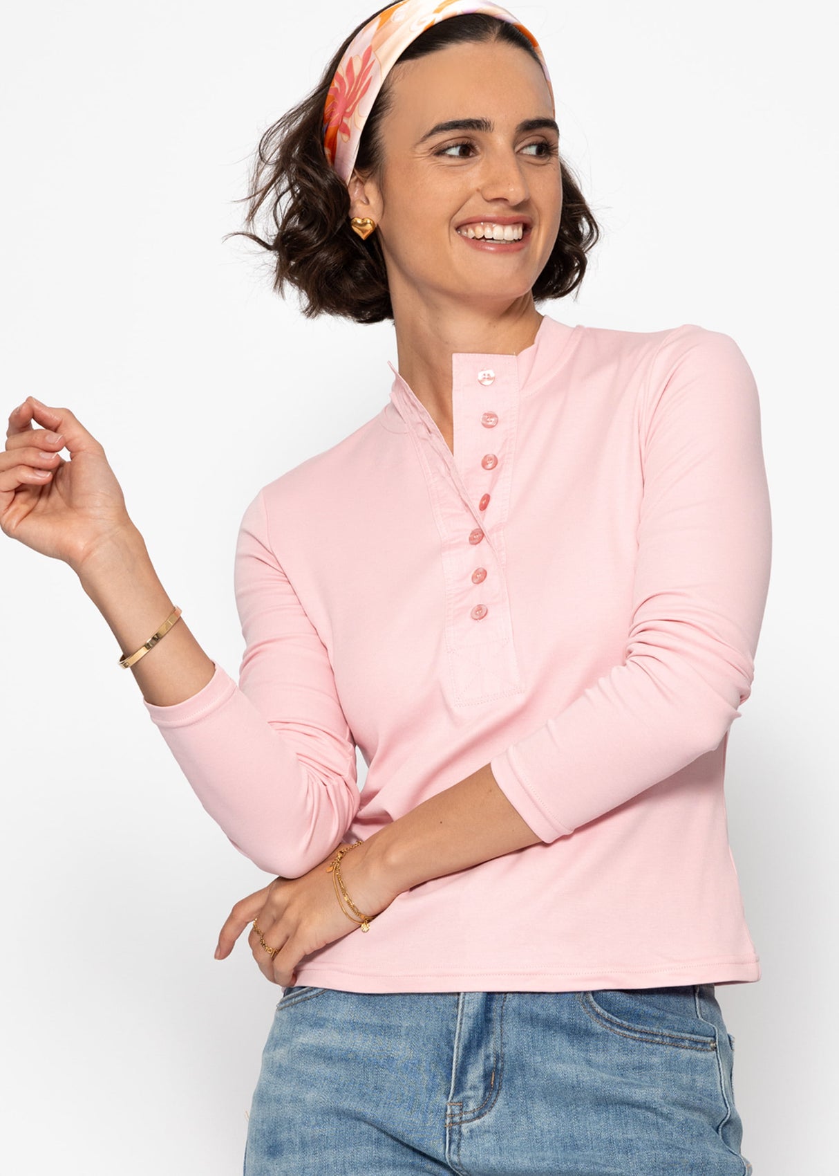 Langarm Shirt mit breiter Knopfleiste - rosa