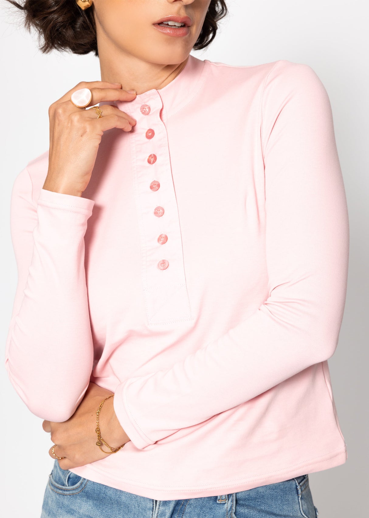 Langarm Shirt mit breiter Knopfleiste - rosa