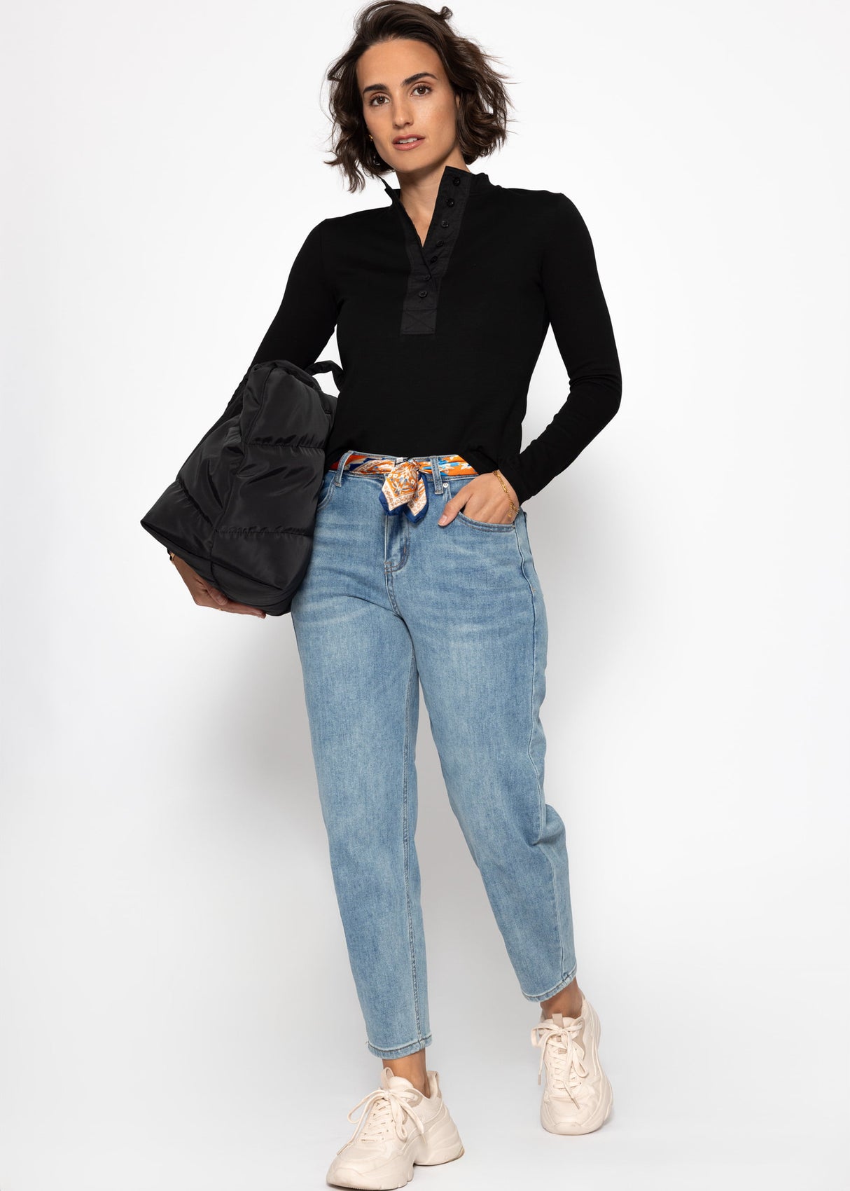 Langarm Shirt mit breiter Knopfleiste - schwarz