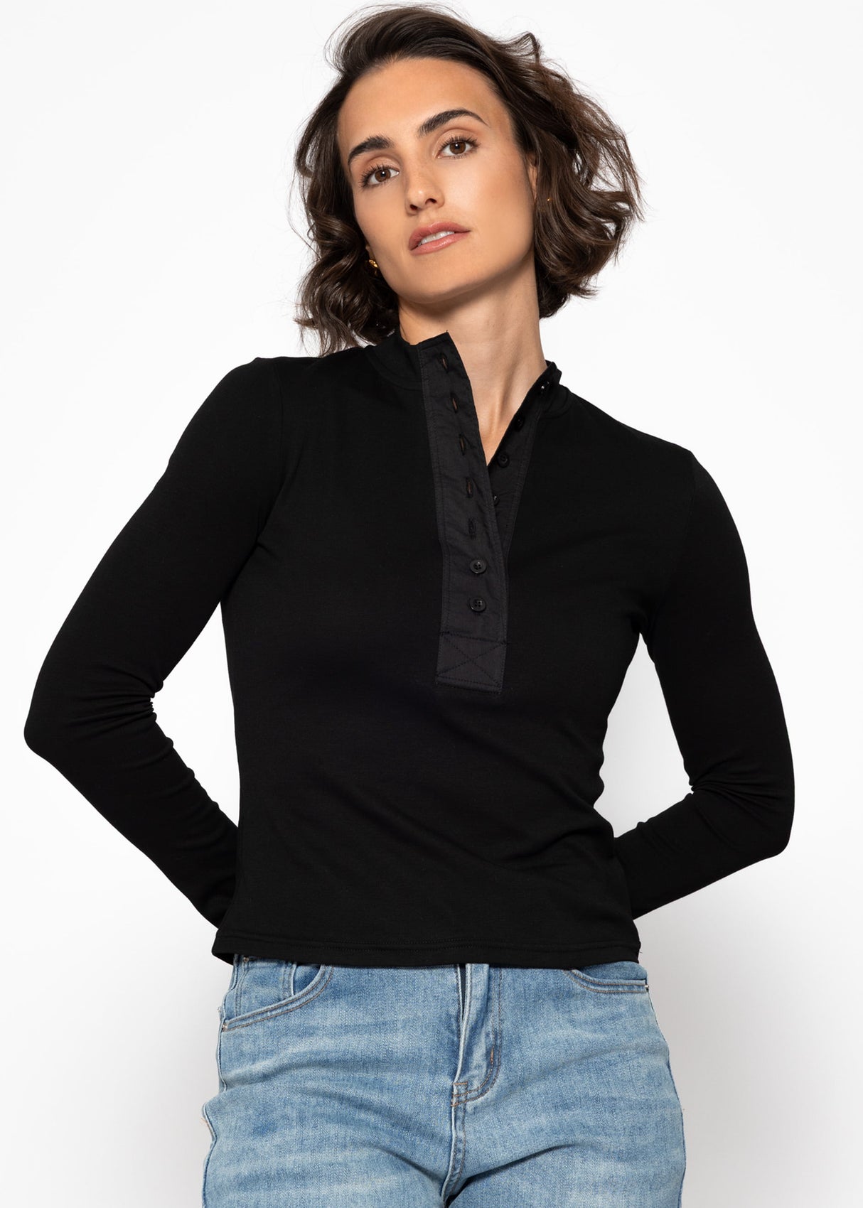 Langarm Shirt mit breiter Knopfleiste - schwarz