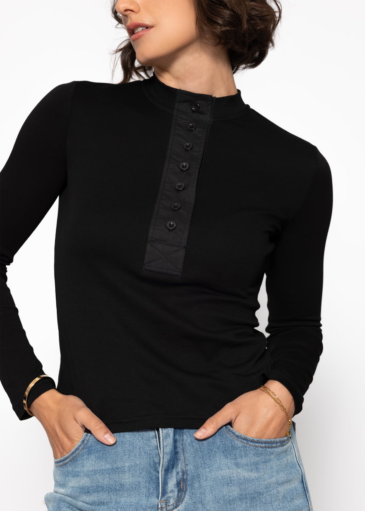 Langarm Shirt mit breiter Knopfleiste - schwarz