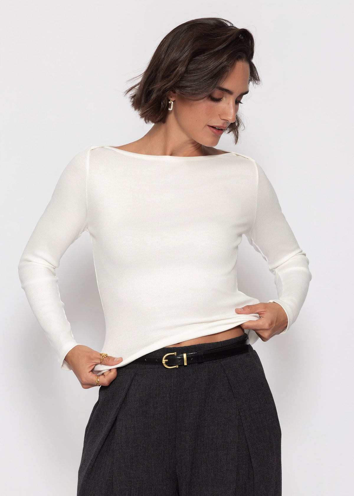 Langarmshirt mit U-Boot Ausschnitt - offwhite