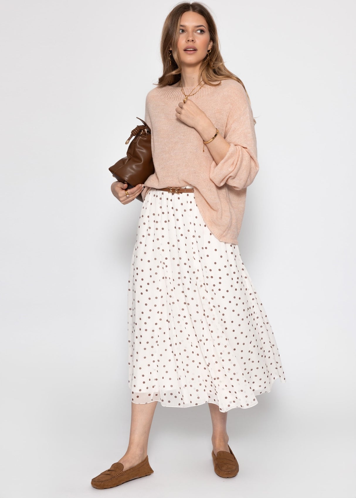 Long chiffon skirt with dot pattern - offwhite
