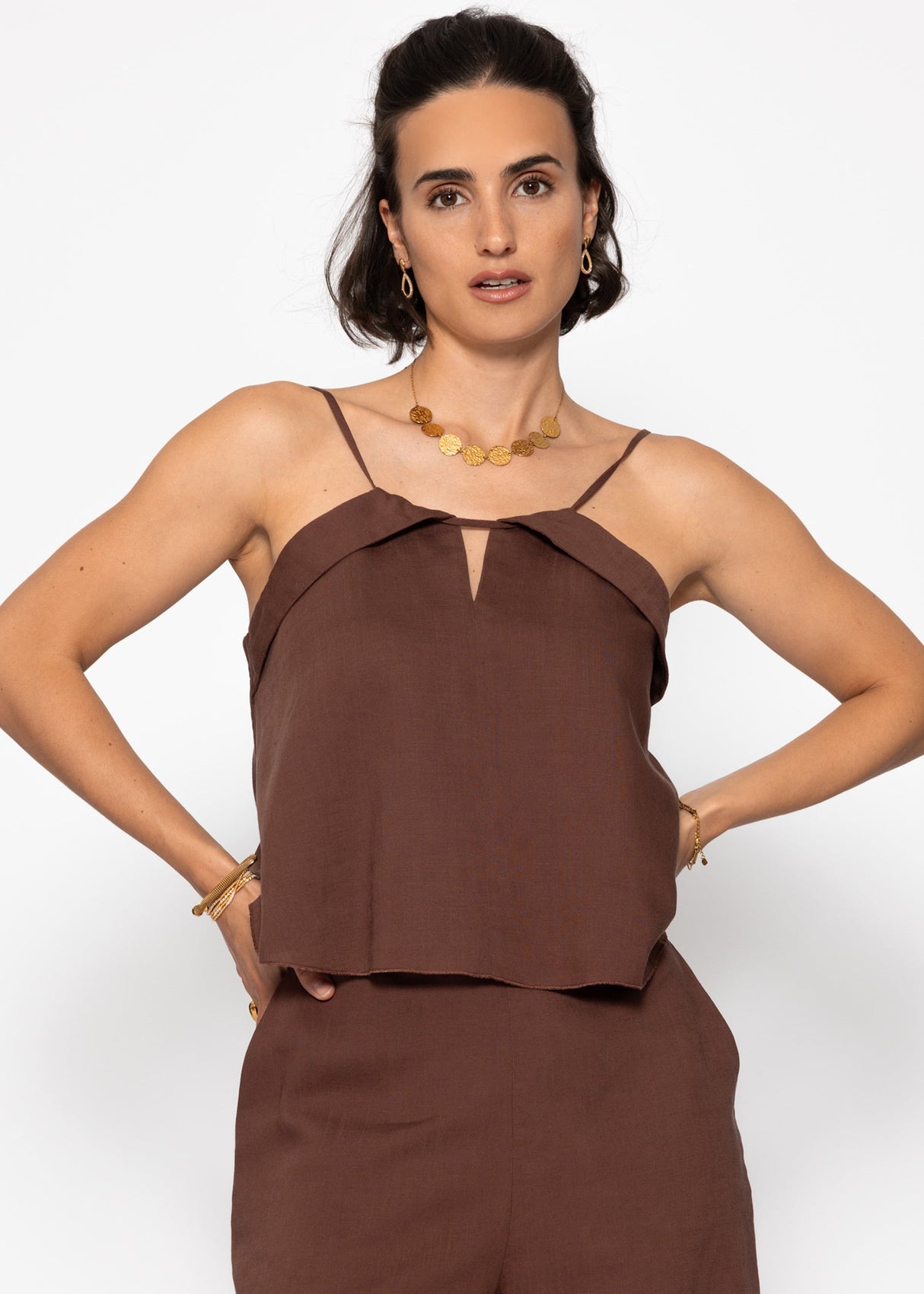 Linen top with spaghetti straps - brown