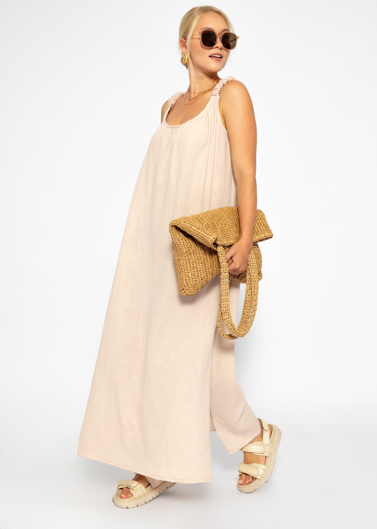 Maxi Musselin Kleid mit Taschen - beige