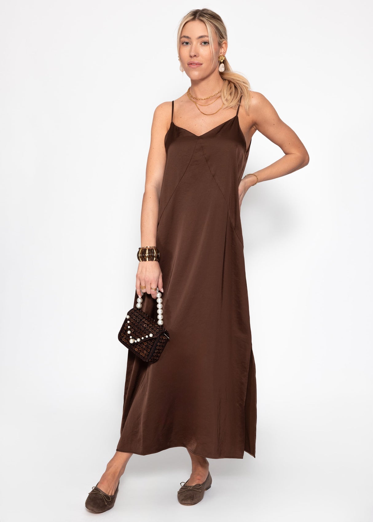 Maxi Satin Kleid - dunkelbraun
