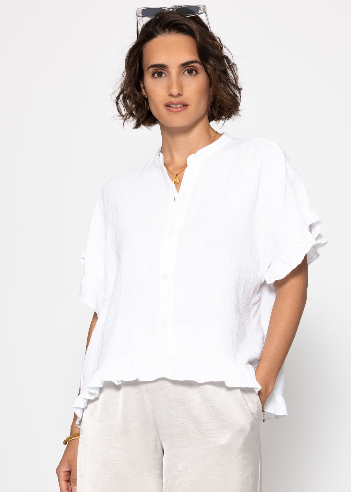 Musselin Bluse mit Rüschensaum - weiß