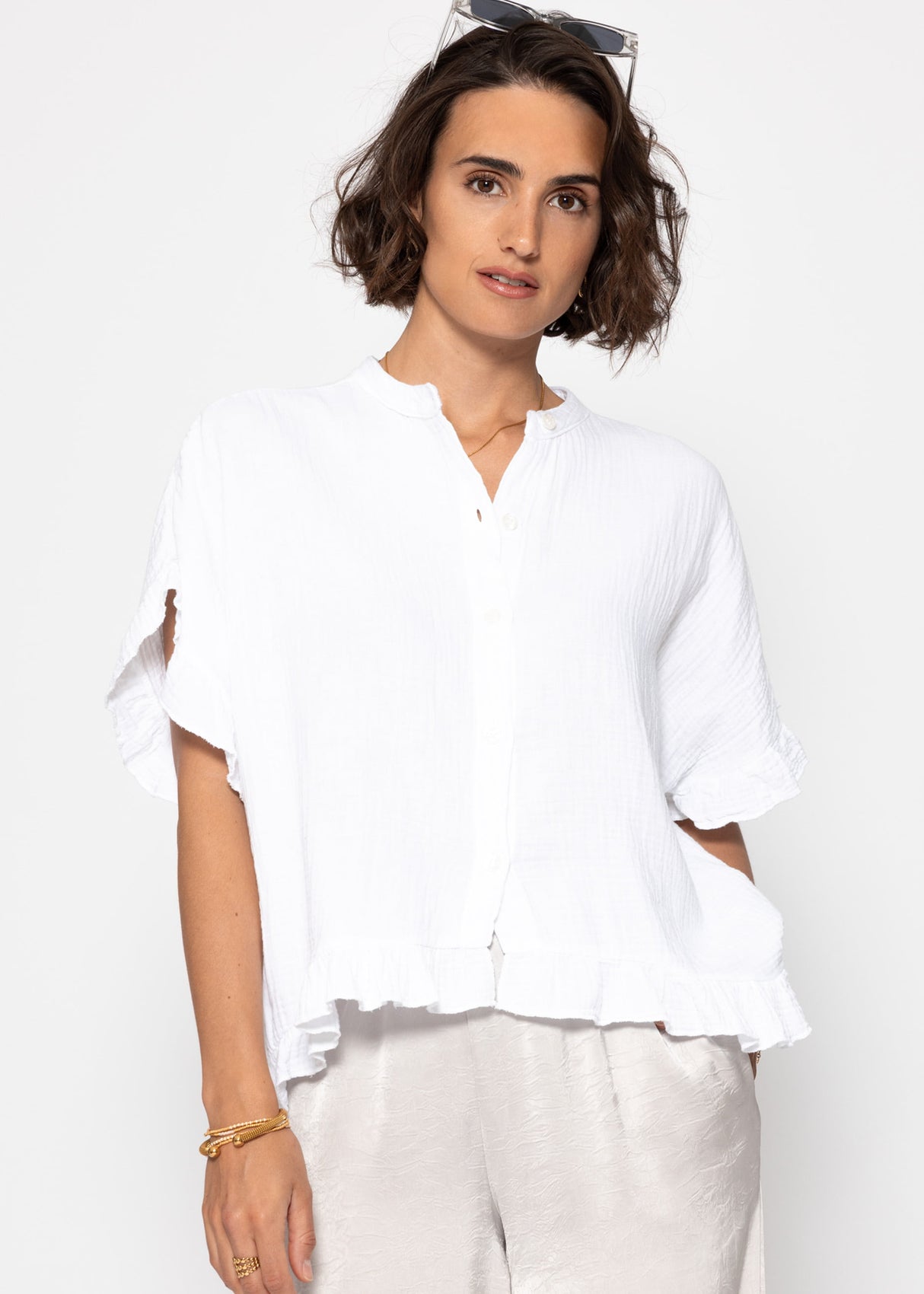 Musselin Bluse mit Rüschensaum - weiß