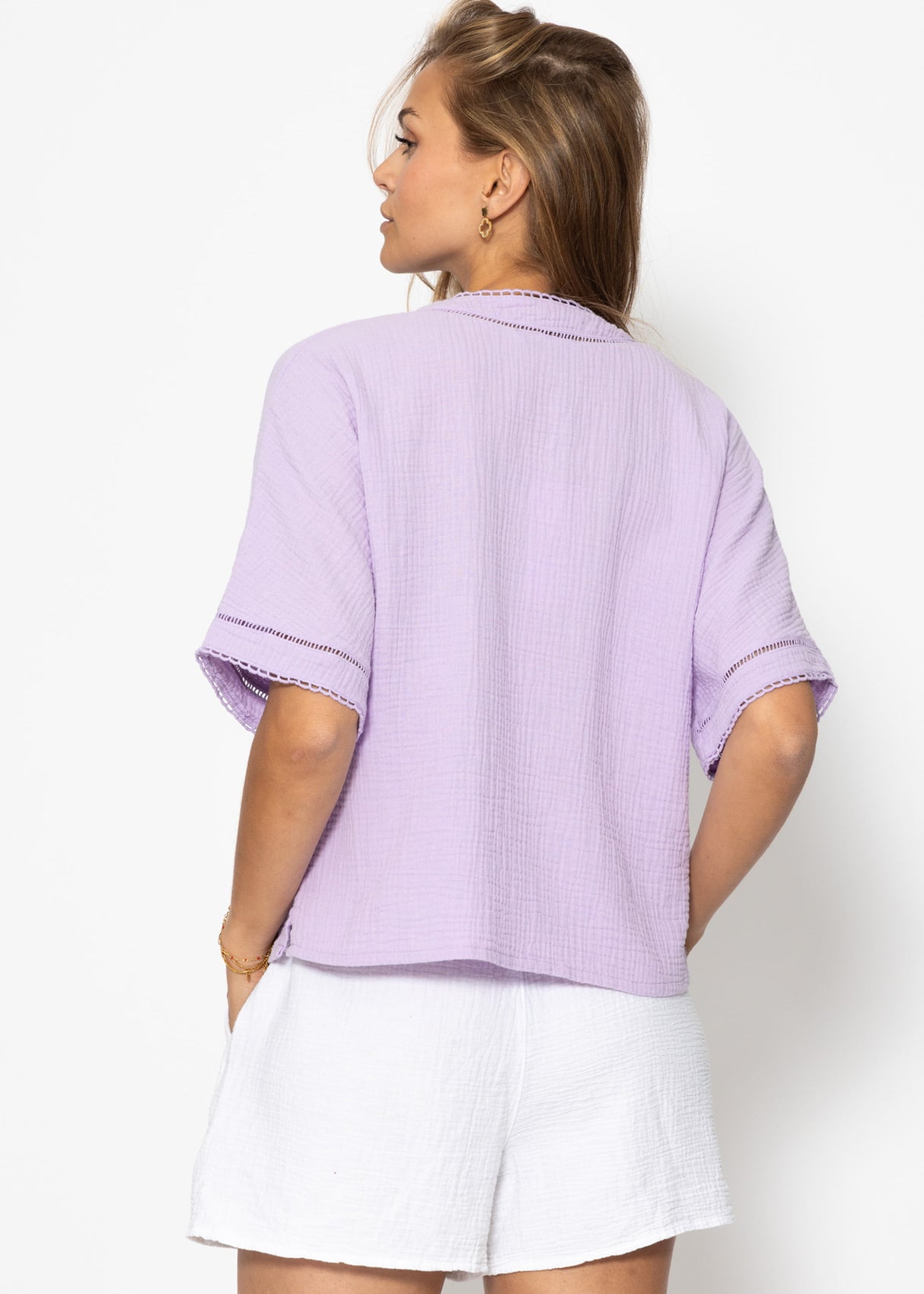 Muslin blouse with lace insert - lilac