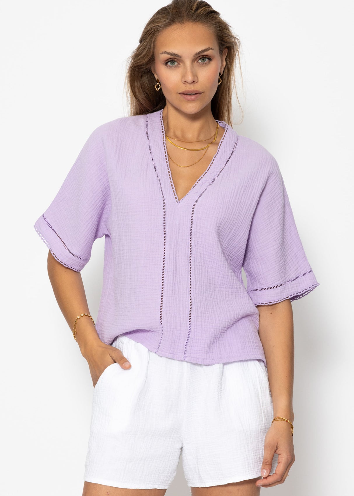 Muslin blouse with lace insert - lilac