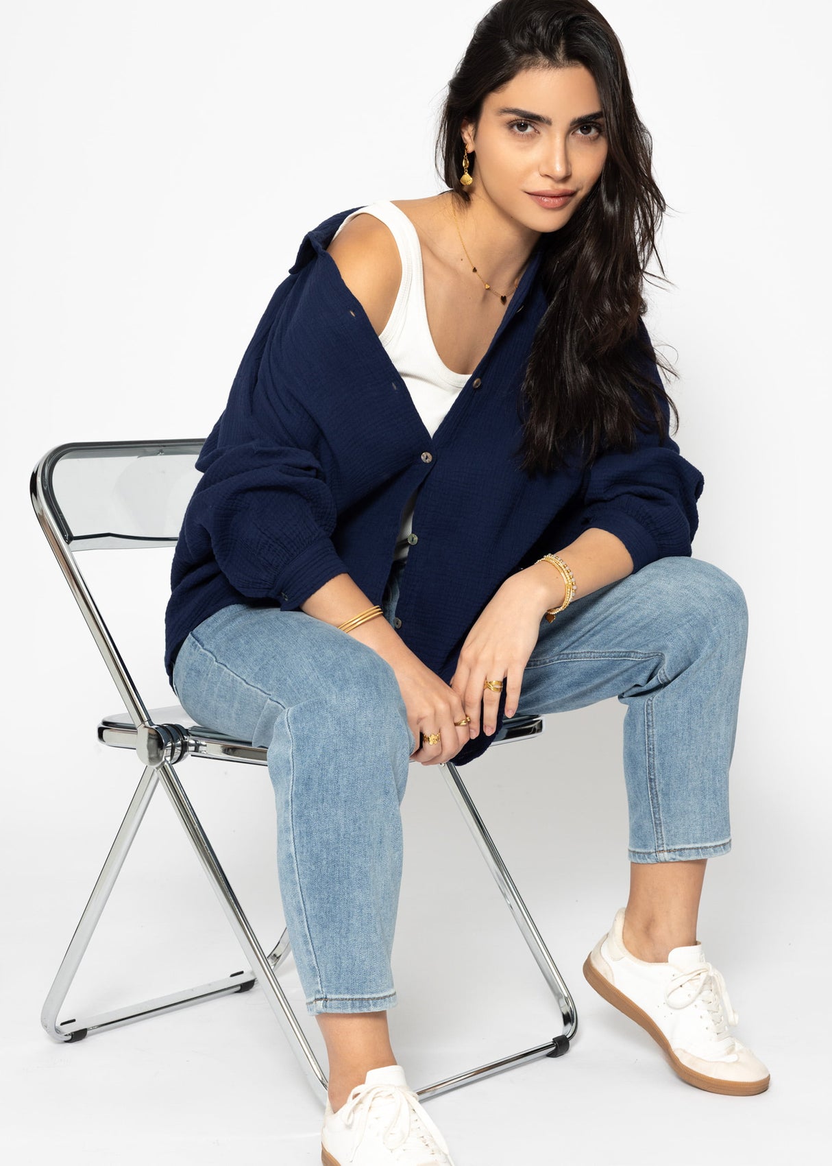 Muslin blouse oversize, short, dark blue