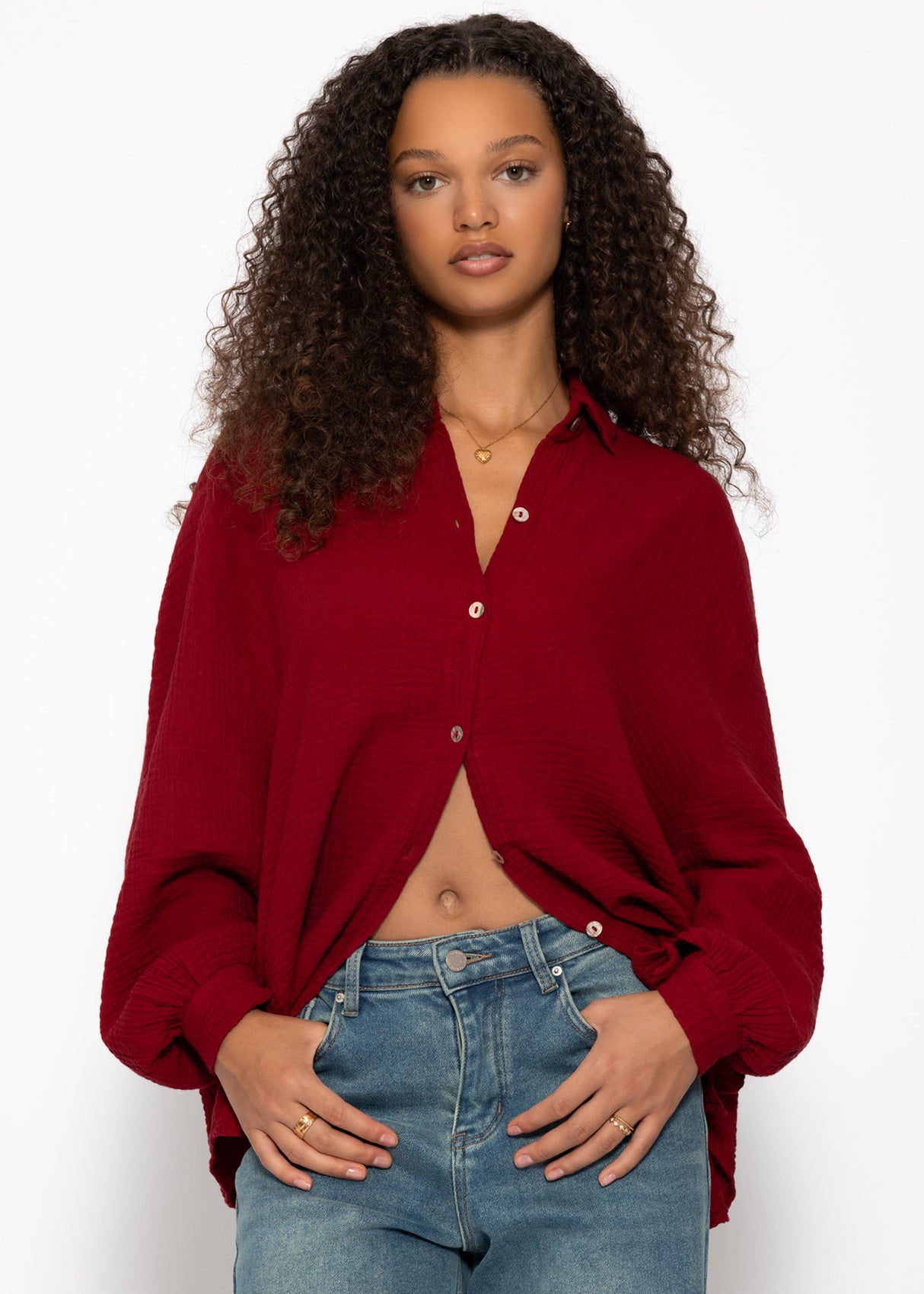 Muslin blouse oversize, short, dark red