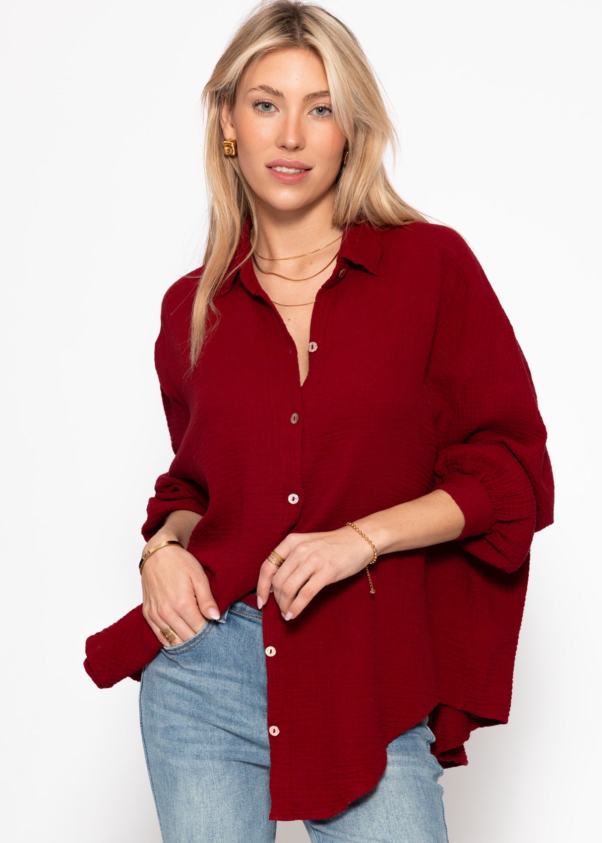 Musselin Bluse oversize, kurz, dunkelrot