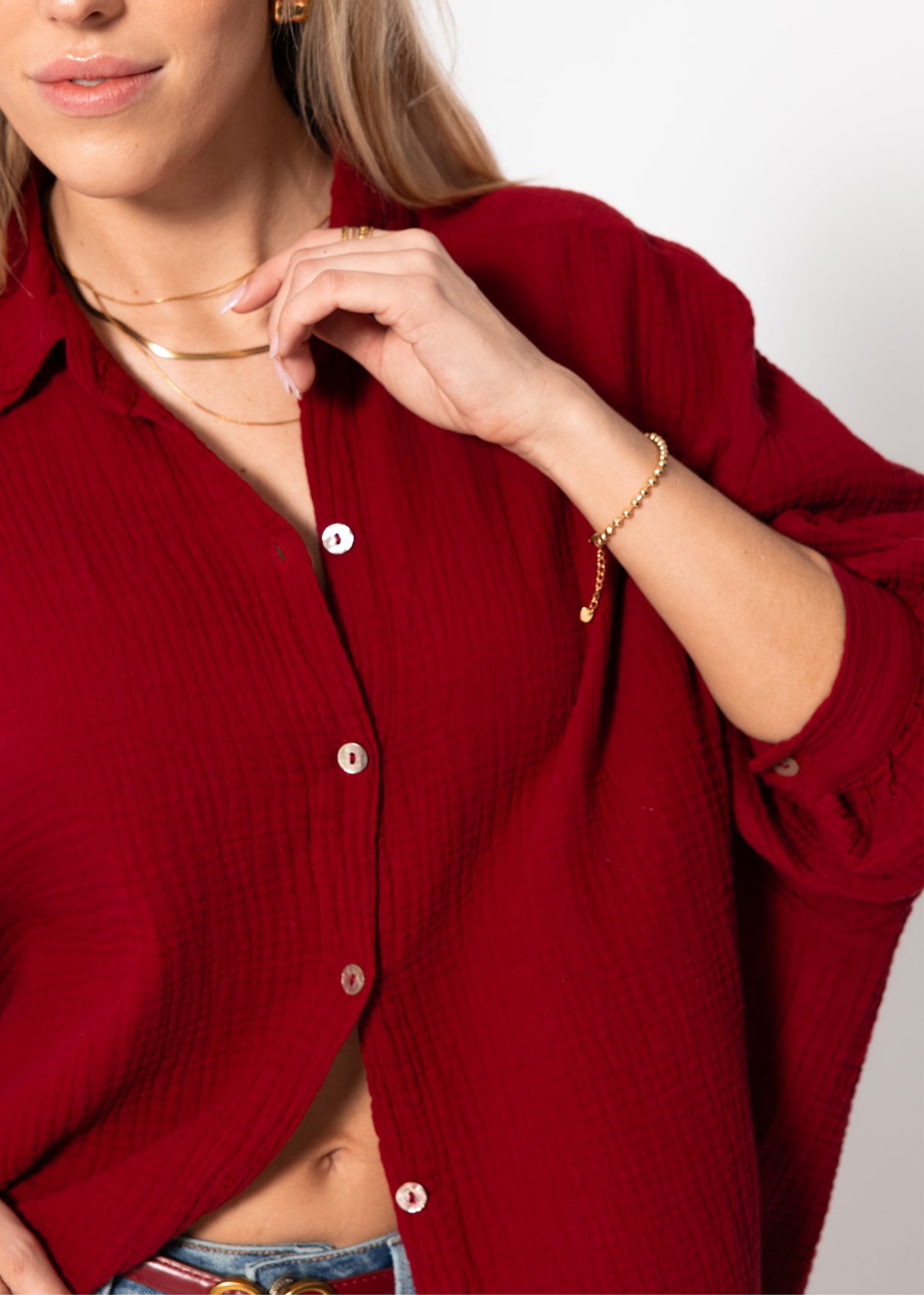 Musselin Bluse oversize, kurz, dunkelrot