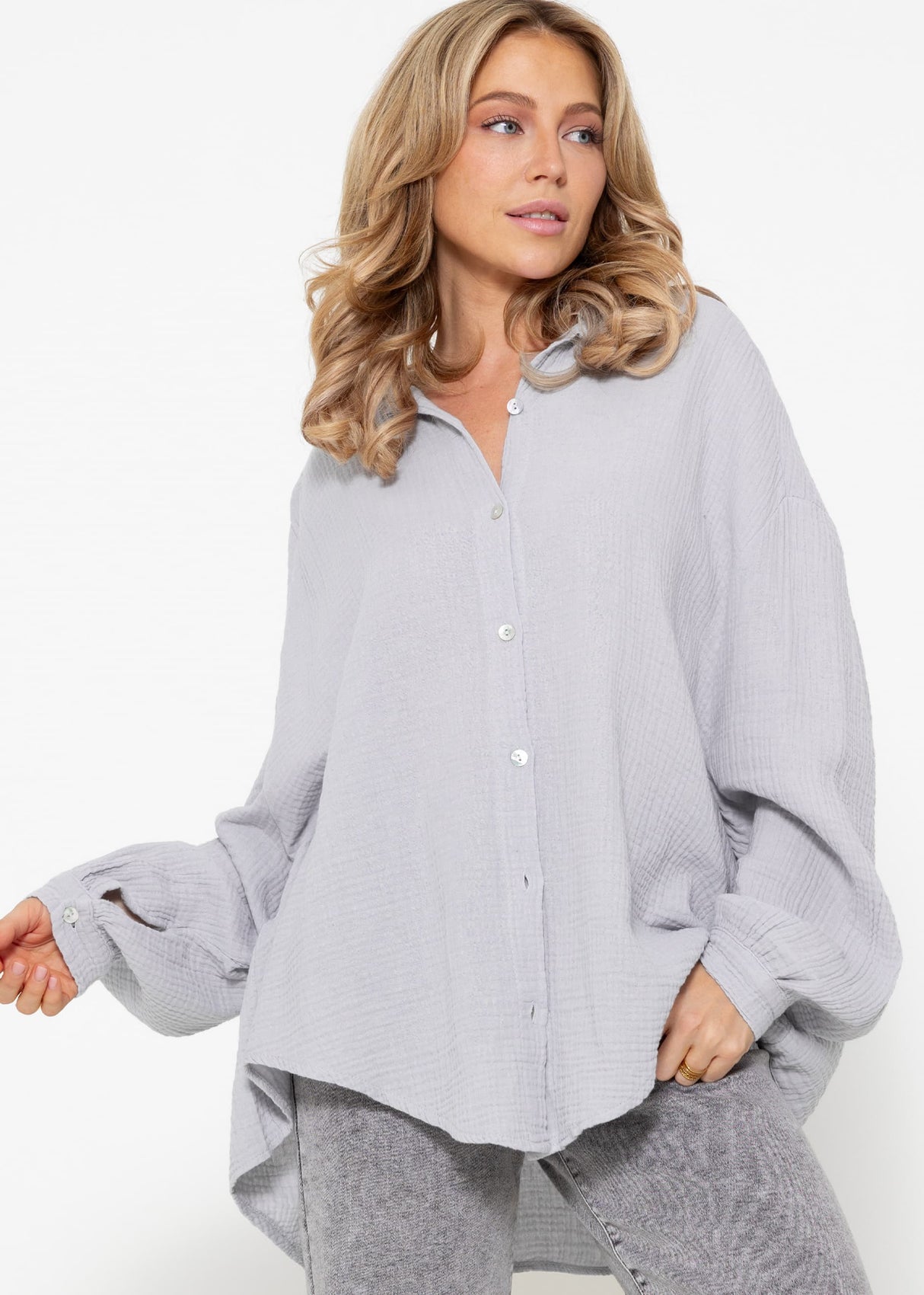 Muslin blouse oversize, short, grey