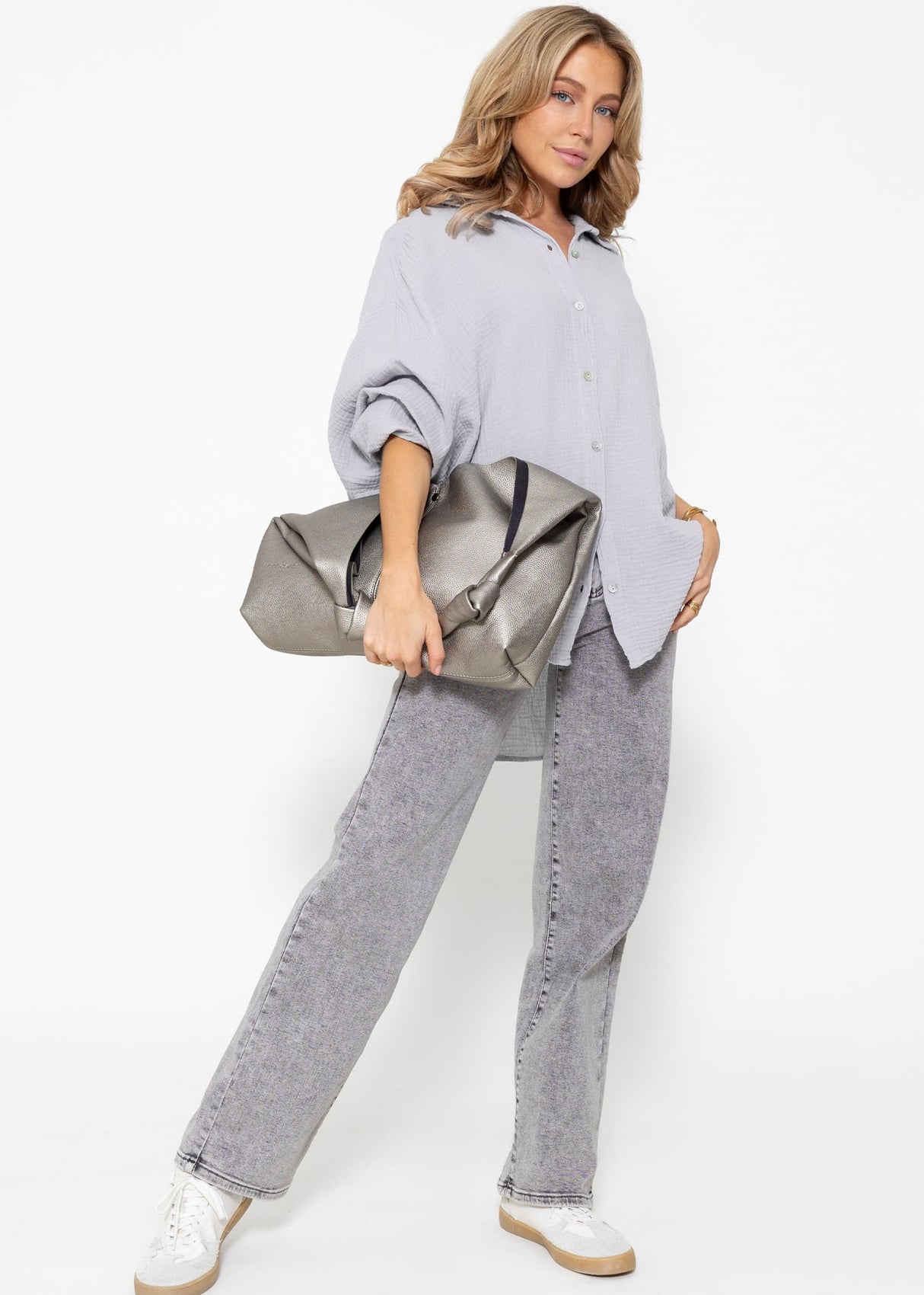 Muslin blouse oversize, short, grey