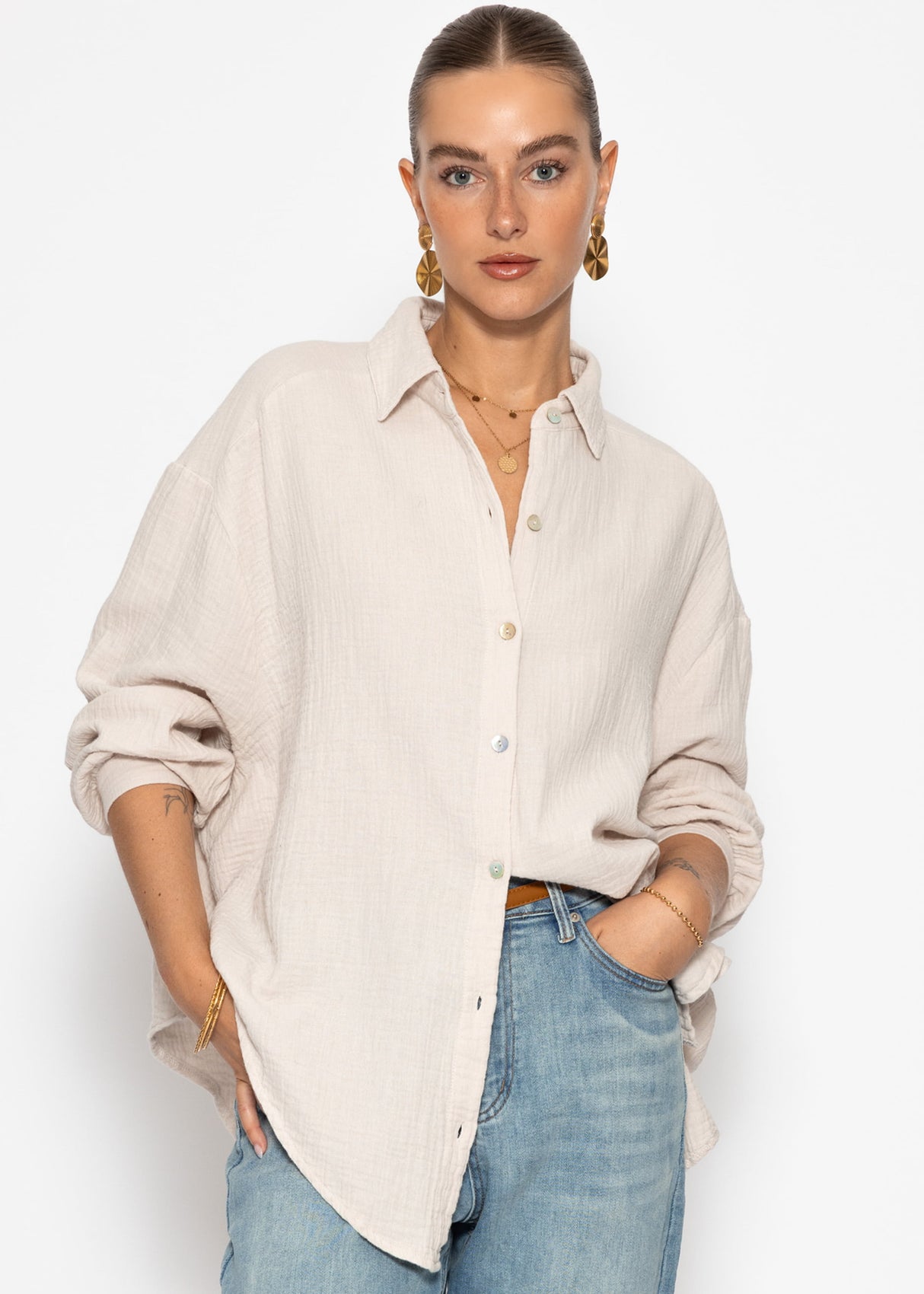 Musselin Bluse oversize, kurz, hellbeige