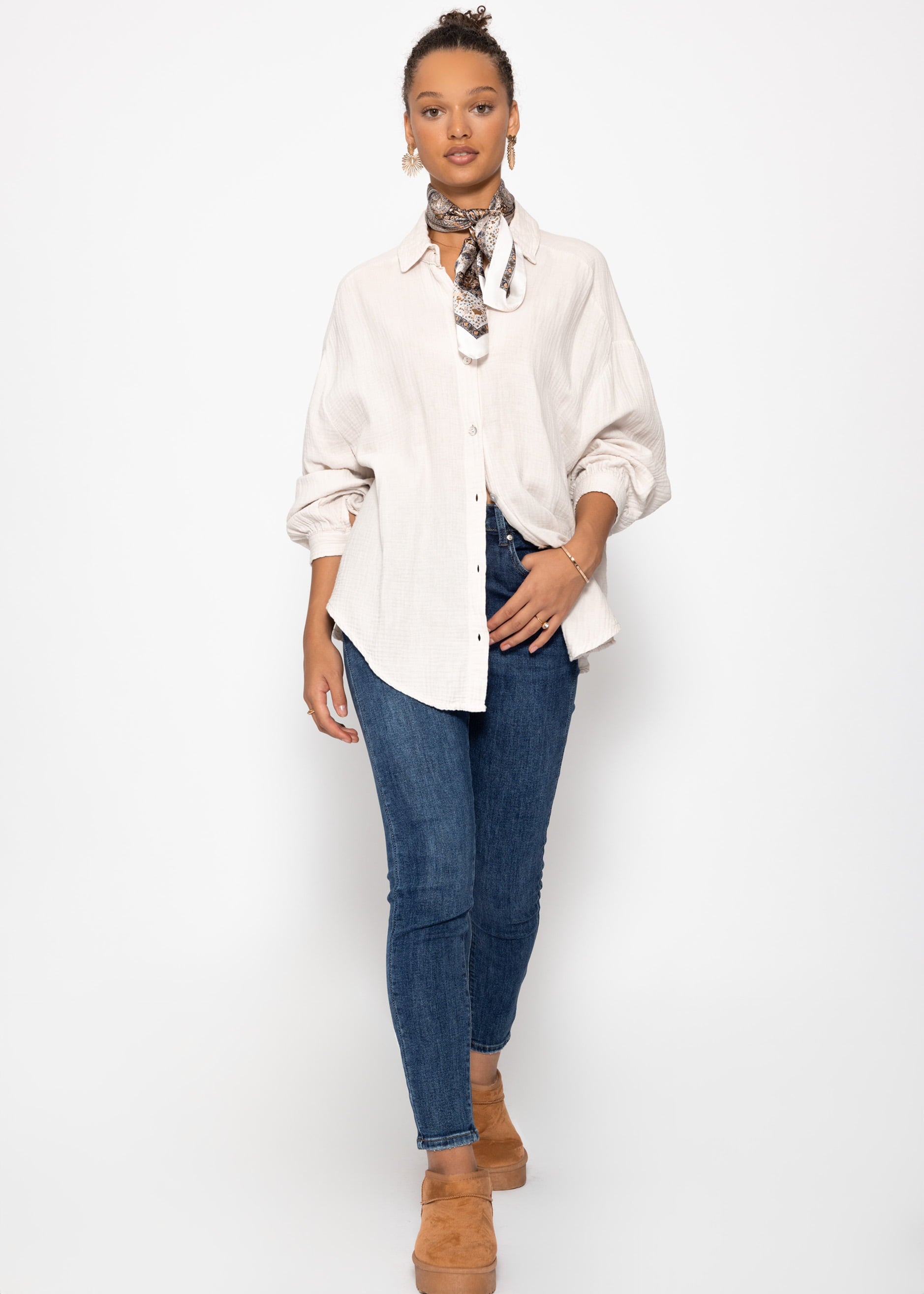 Muslin blouse oversize, short, light beige