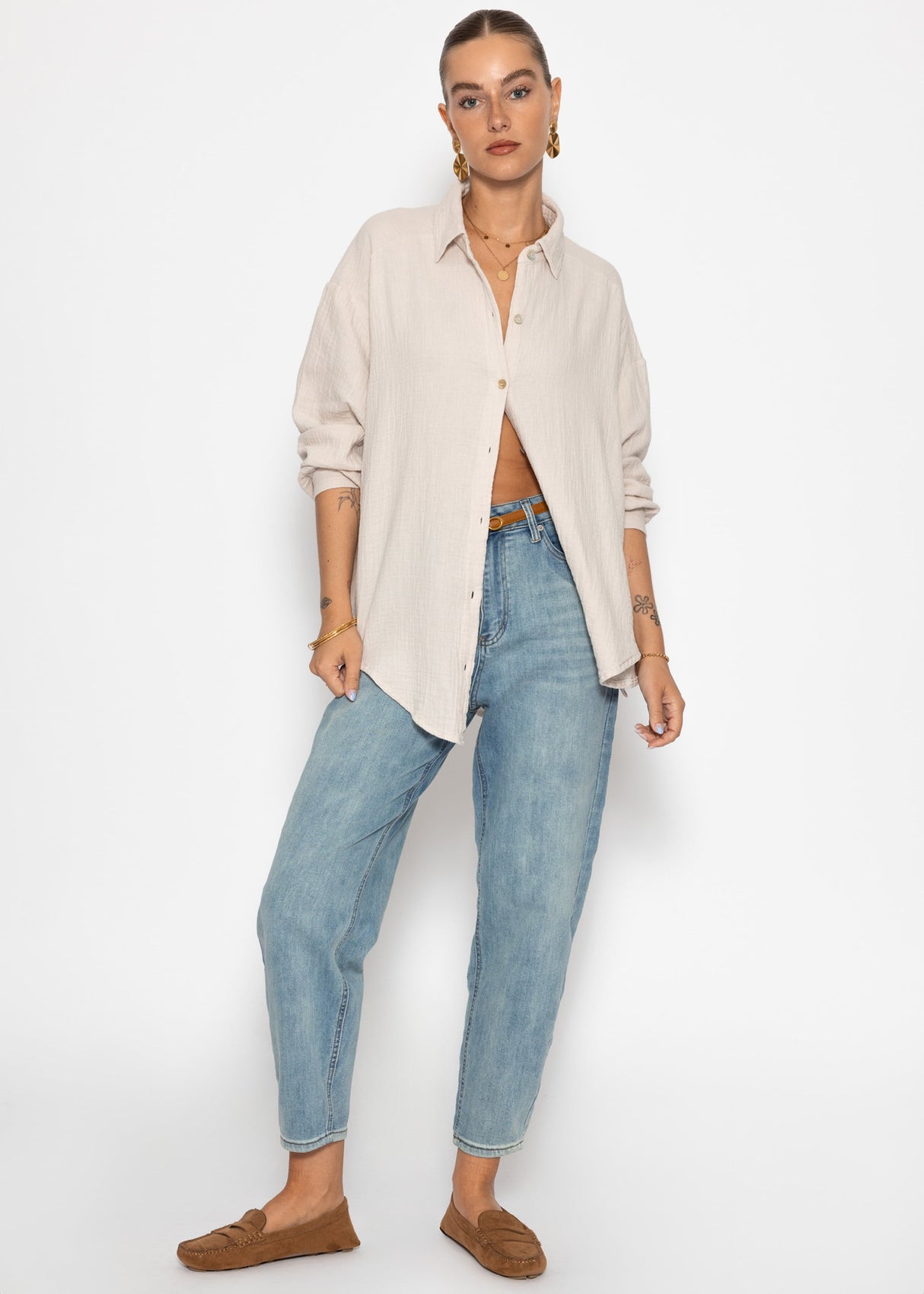 Musselin Bluse oversize, kurz, hellbeige