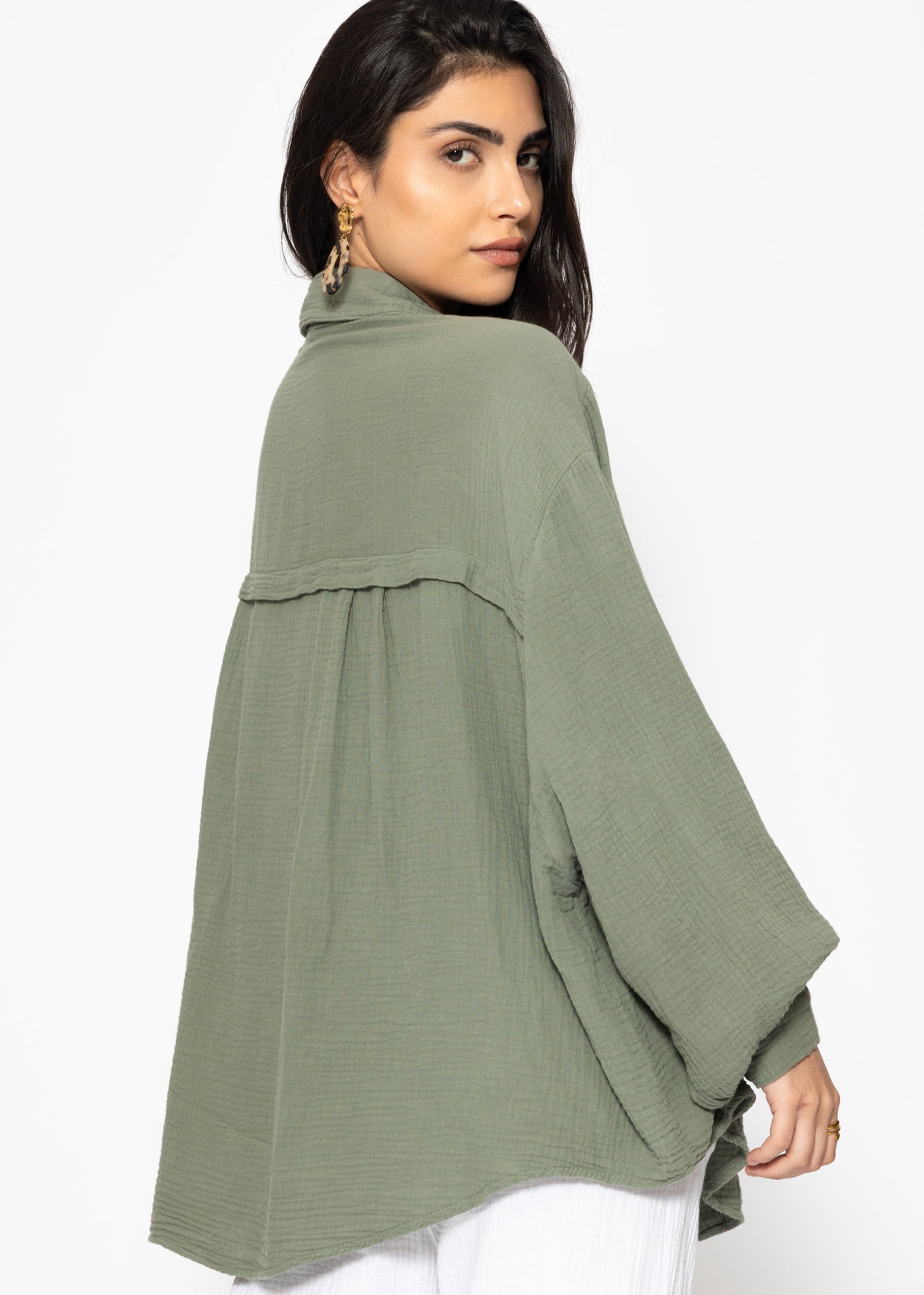 Muslin blouse oversize, short, khaki