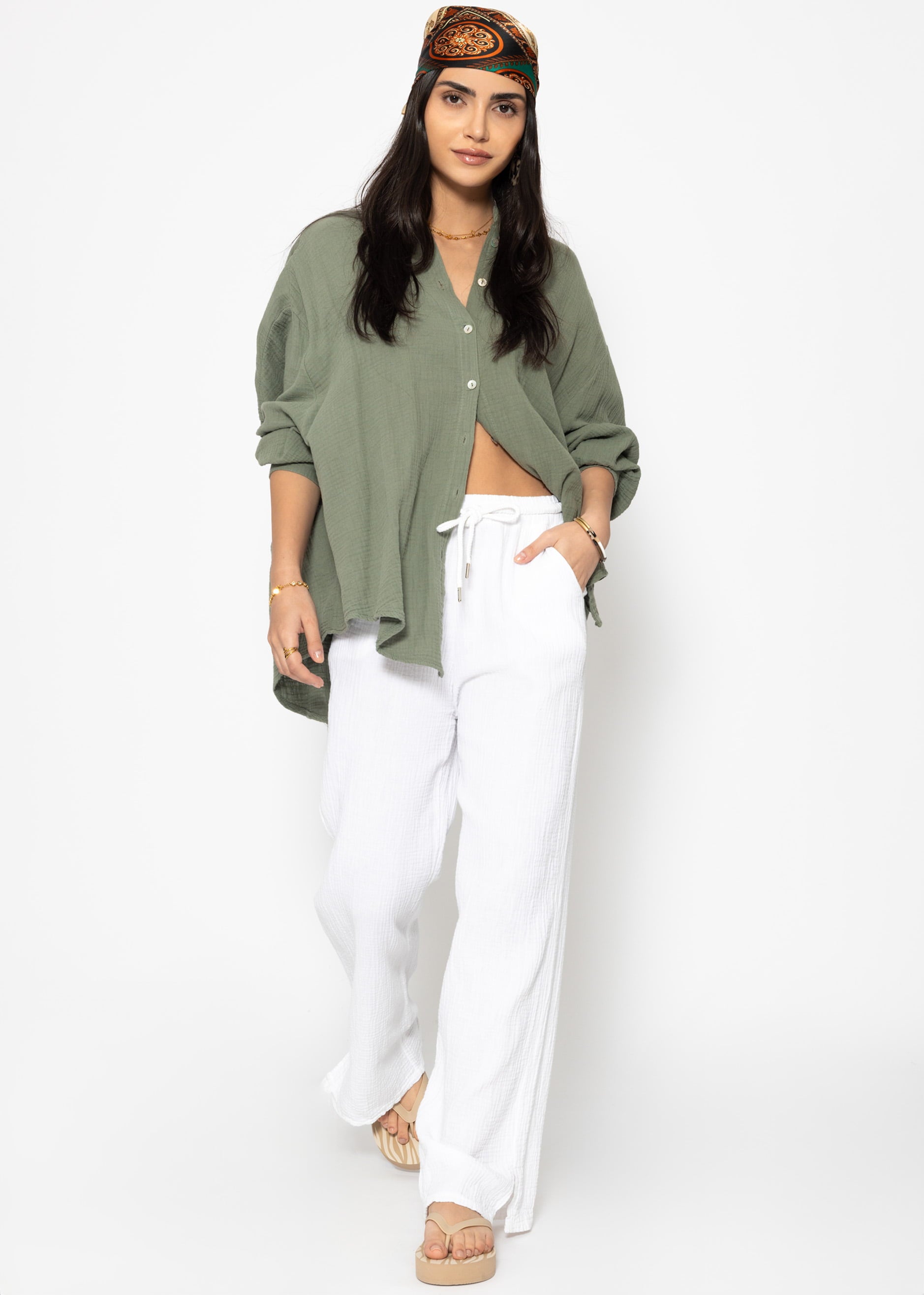 Muslin blouse oversize, short, khaki
