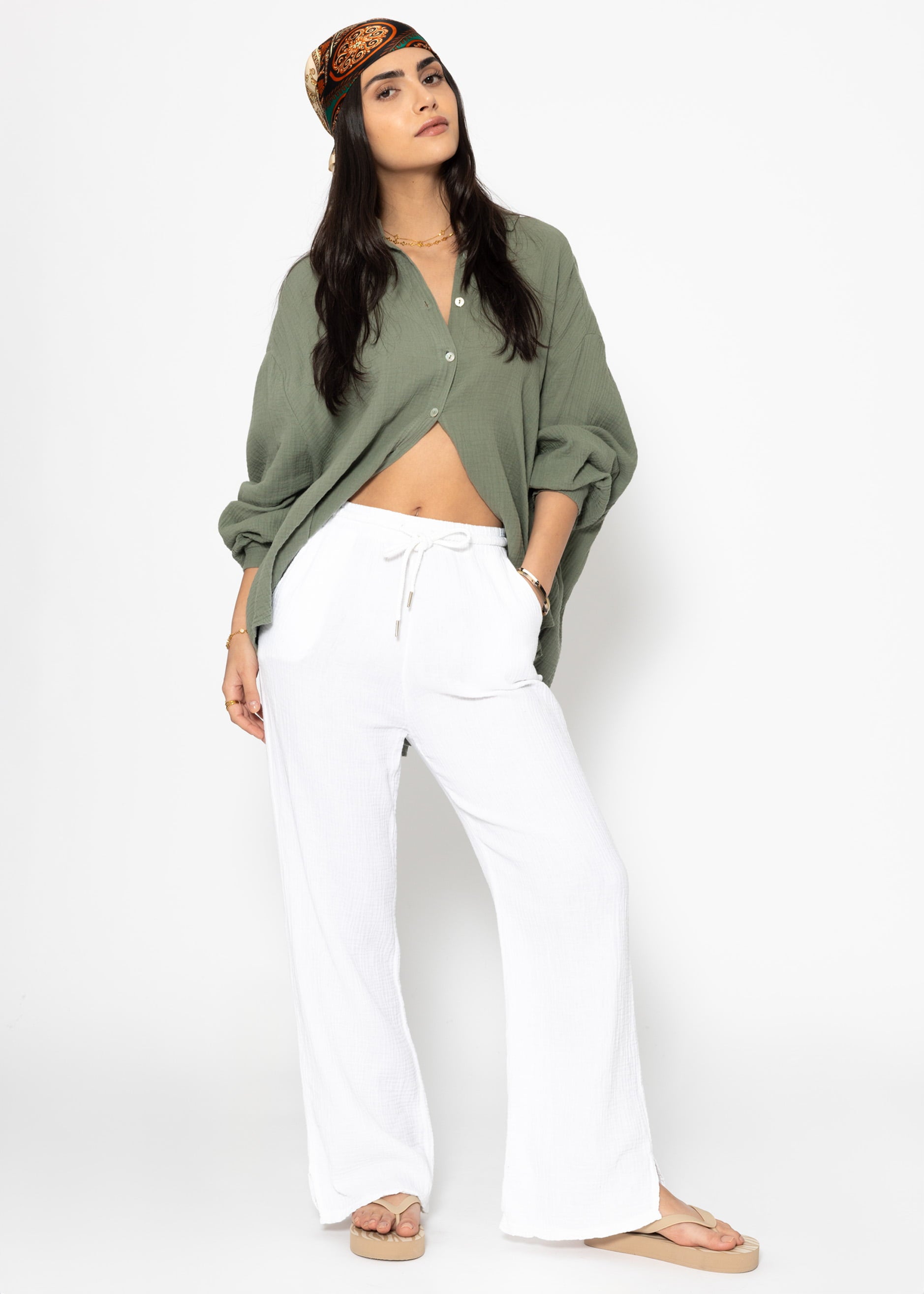 Muslin blouse oversize, short, khaki