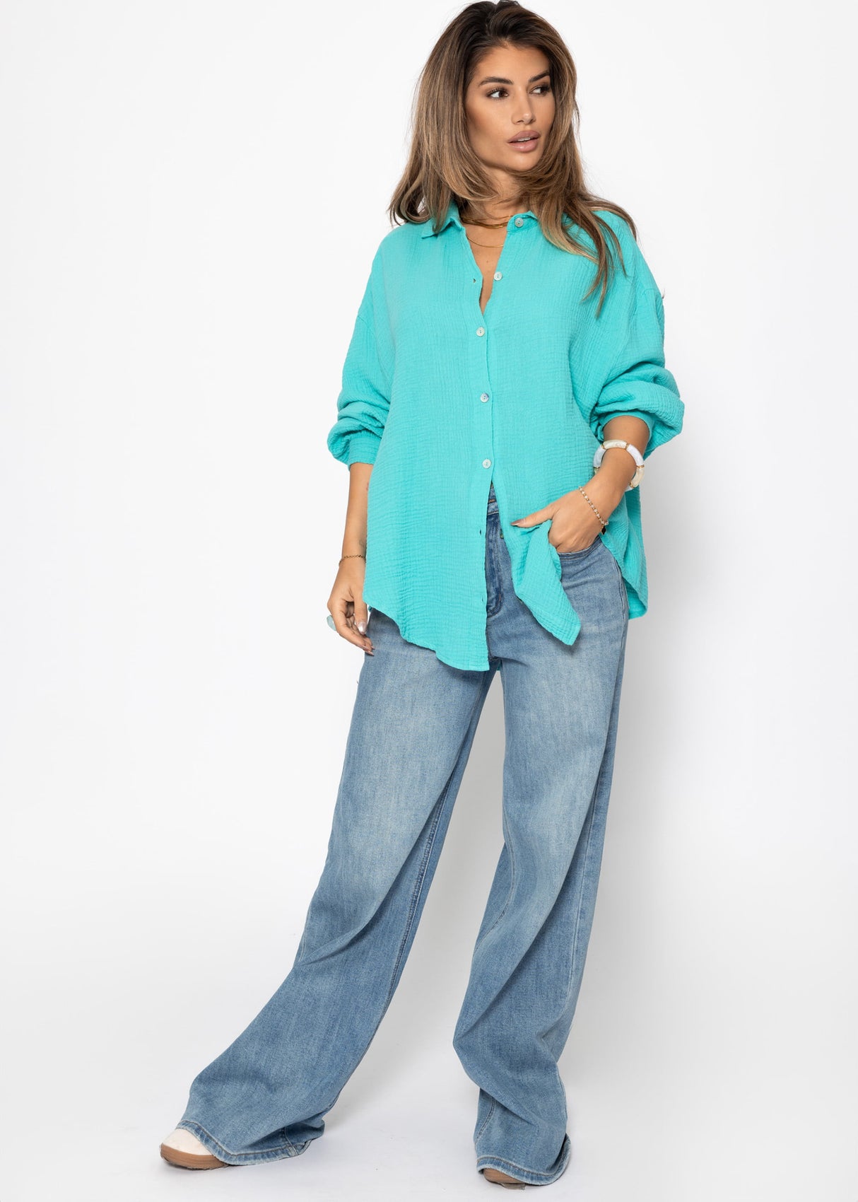 Musselin Bluse oversize, kurz, türkis
