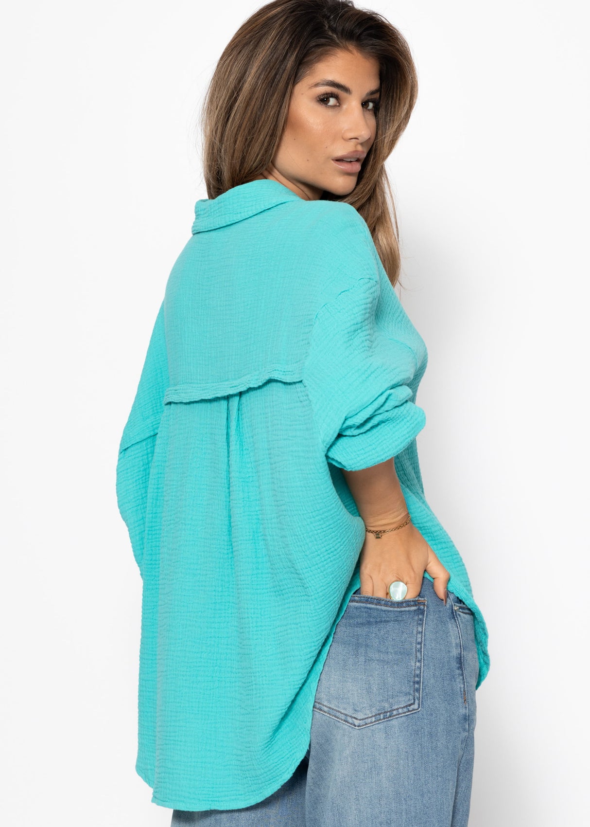 Musselin Bluse oversize, kurz, türkis