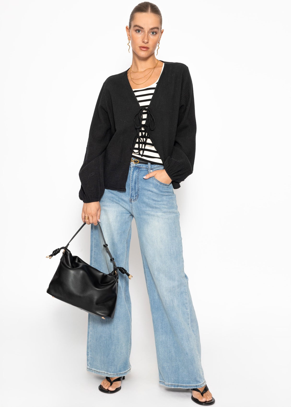 Muslin blouse jacket with ties - black