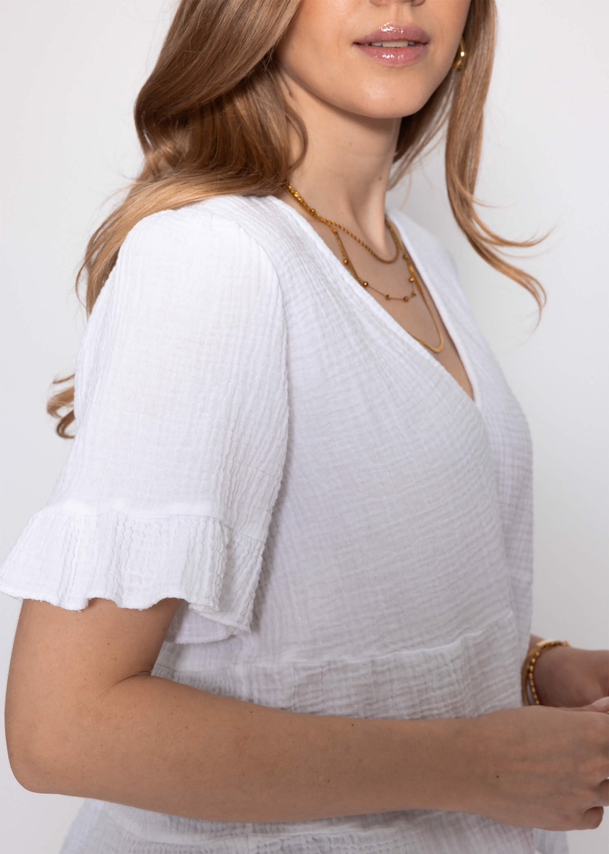 Muslin Shirt with Ruffles and Deep V-Neck - White