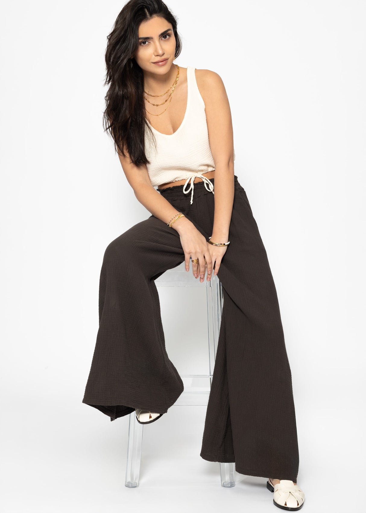 Musselin Top mit Zugband - hellbeige