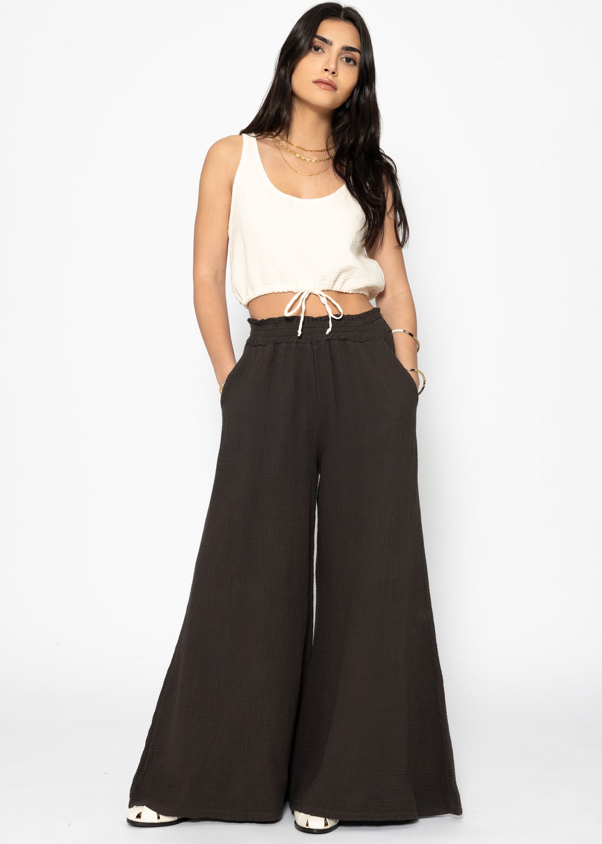 Musselin Top mit Zugband - hellbeige