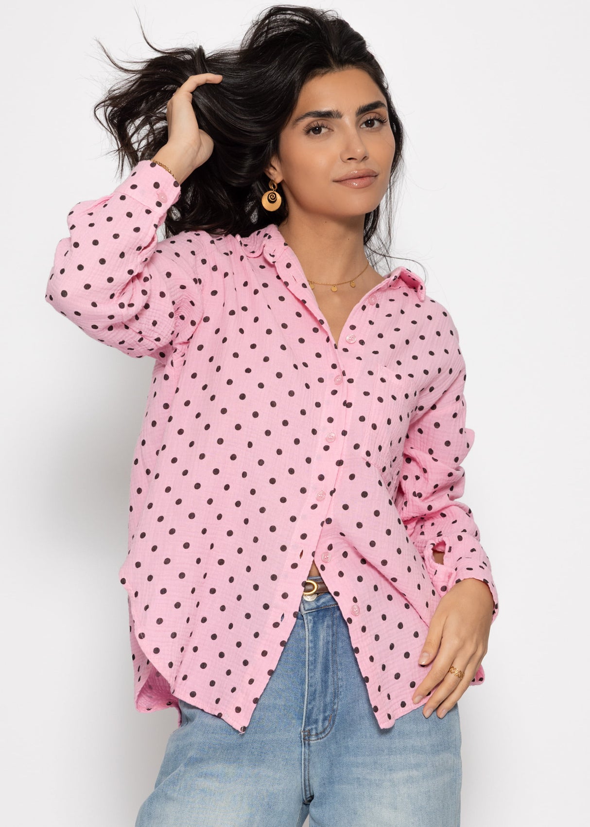Oversize Musselin Bluse mit braunen Punkten - rosa