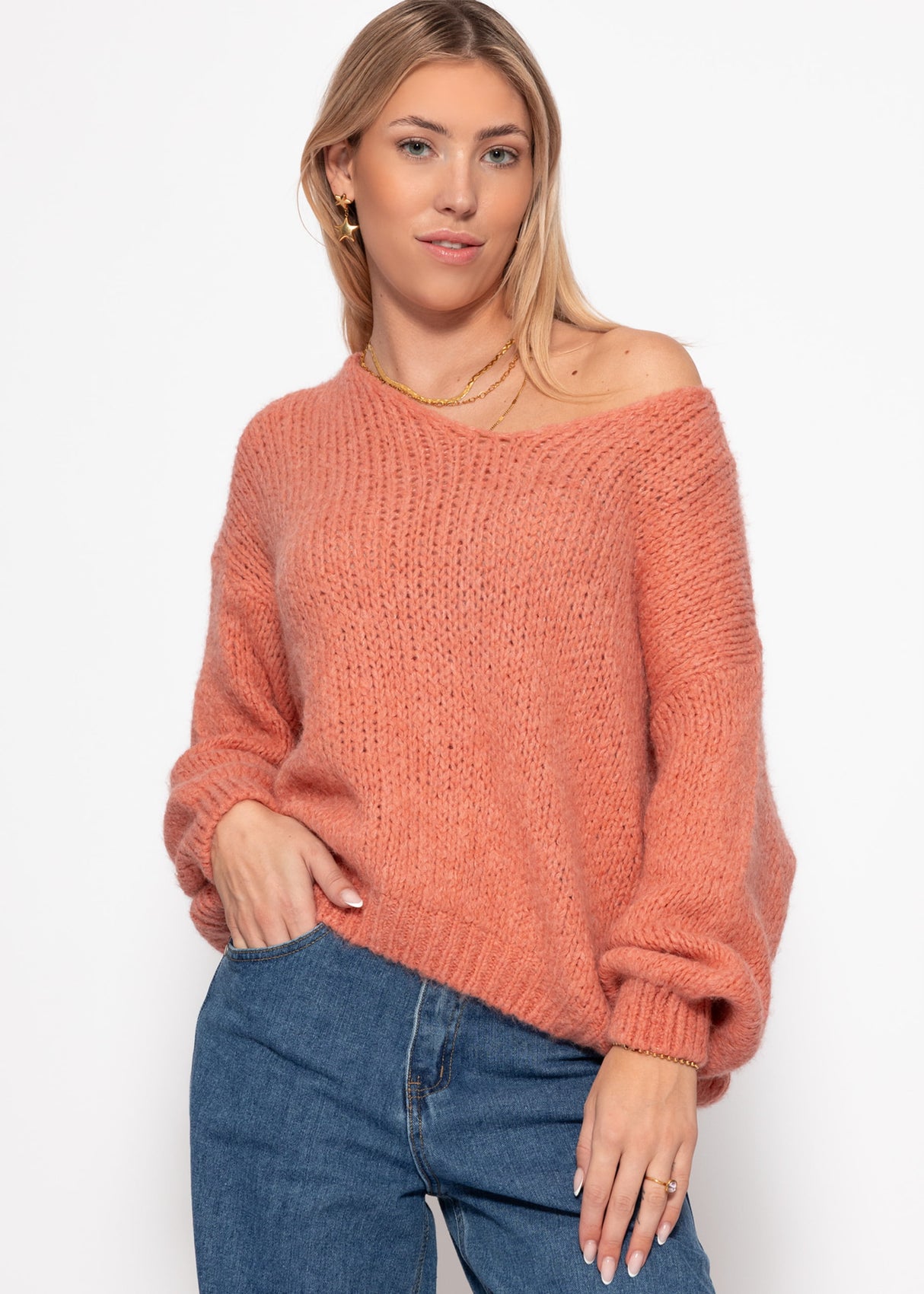 Oversize Pullover mit V-Ausschnitt - lachs