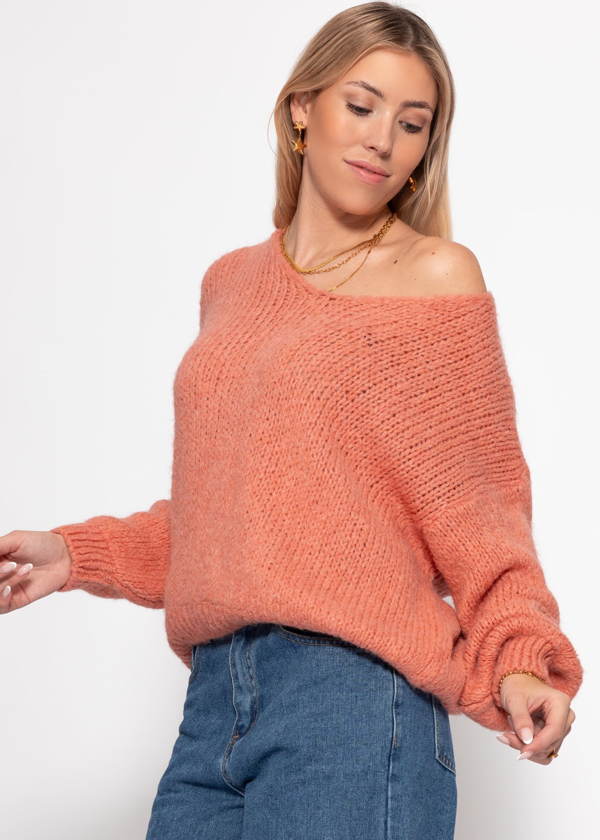 Oversize Pullover mit V-Ausschnitt - lachs