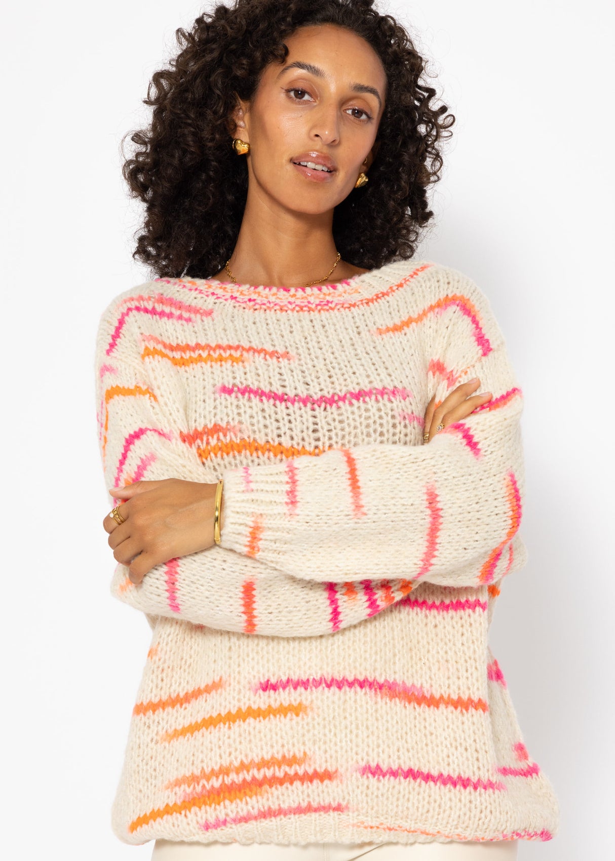 Oversized sweater with orange and pink stripes - beige