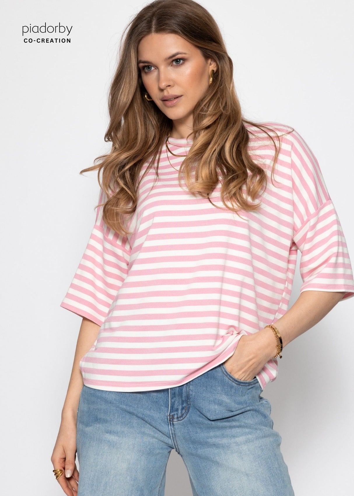 Oversize T-Shirt mit Streifen - rosa-weiß